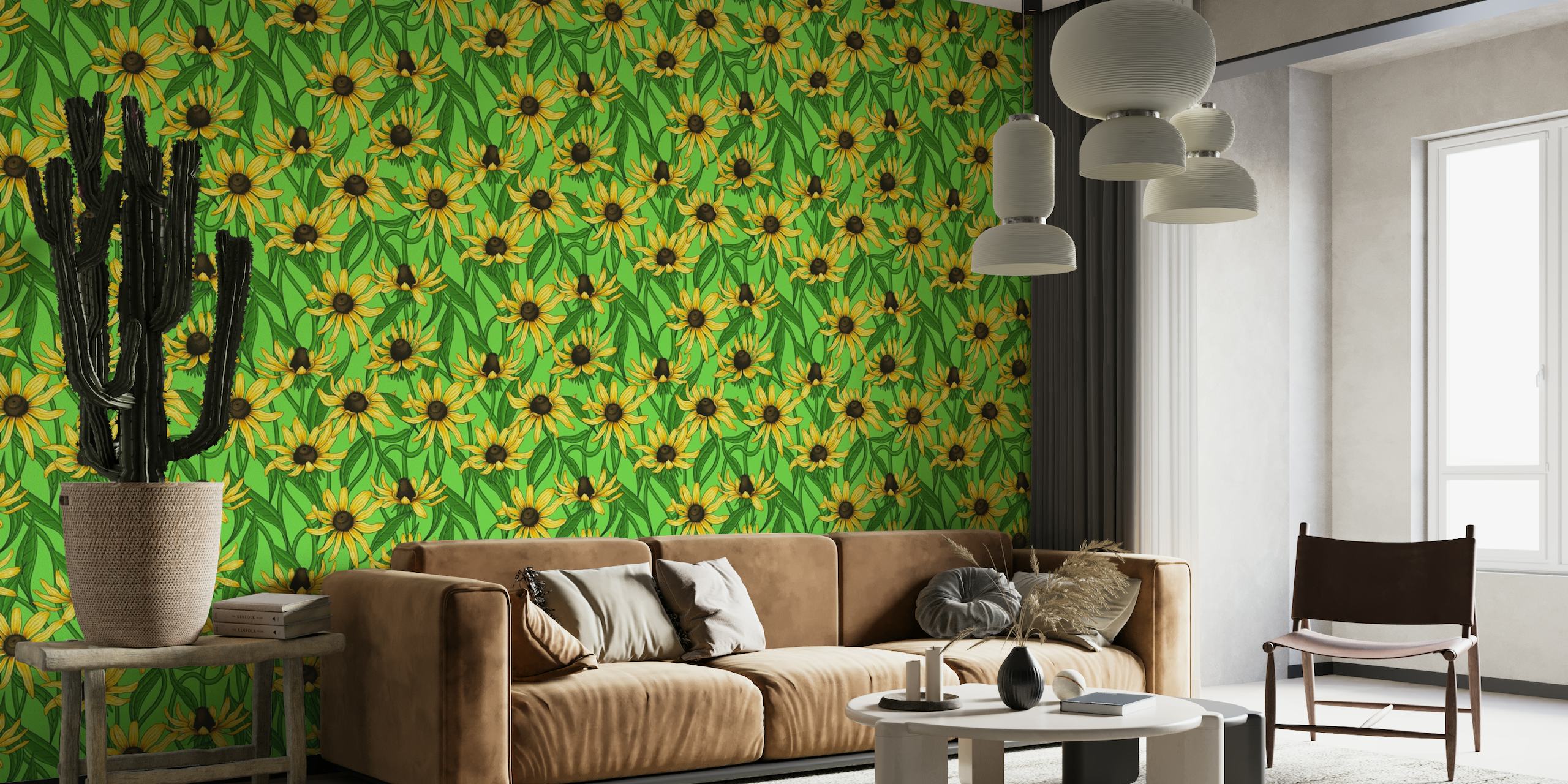 Yellow Rudbekia on green wallpaper