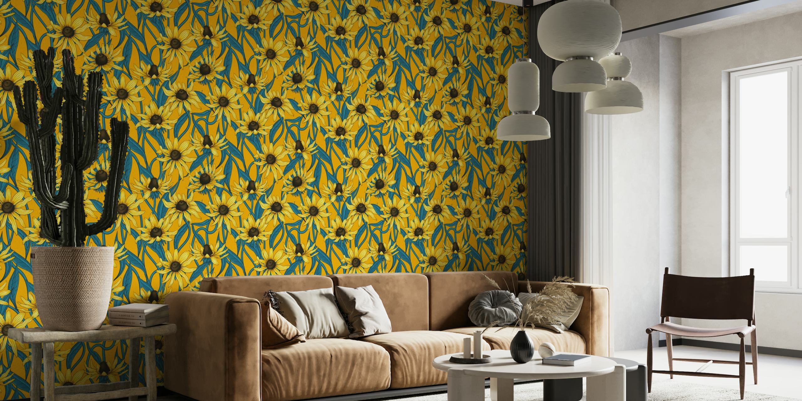 Yellow Rudbekia on yellow wallpaper