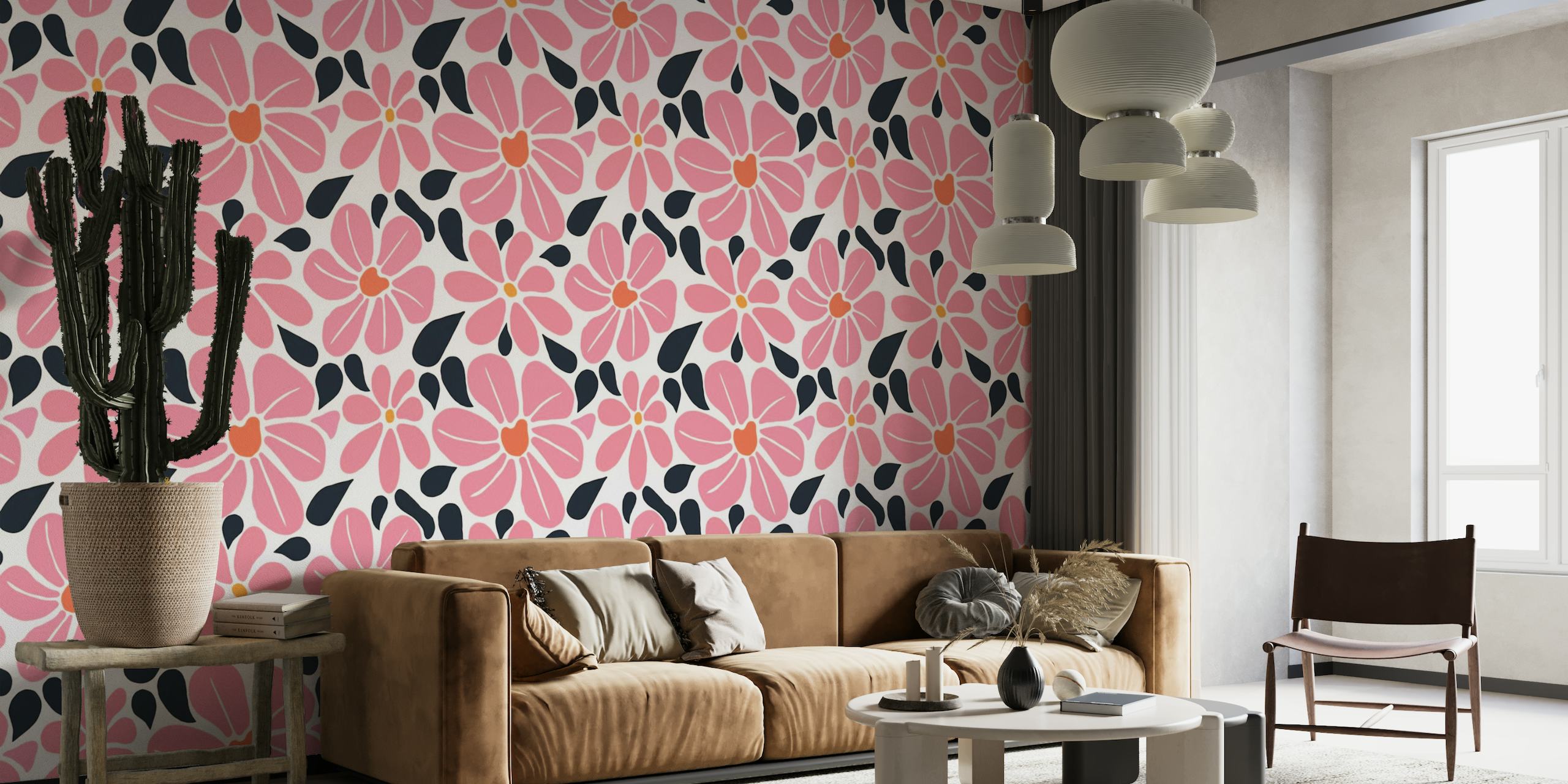 Retro Pink Groovy Flower Meadow wallpaper