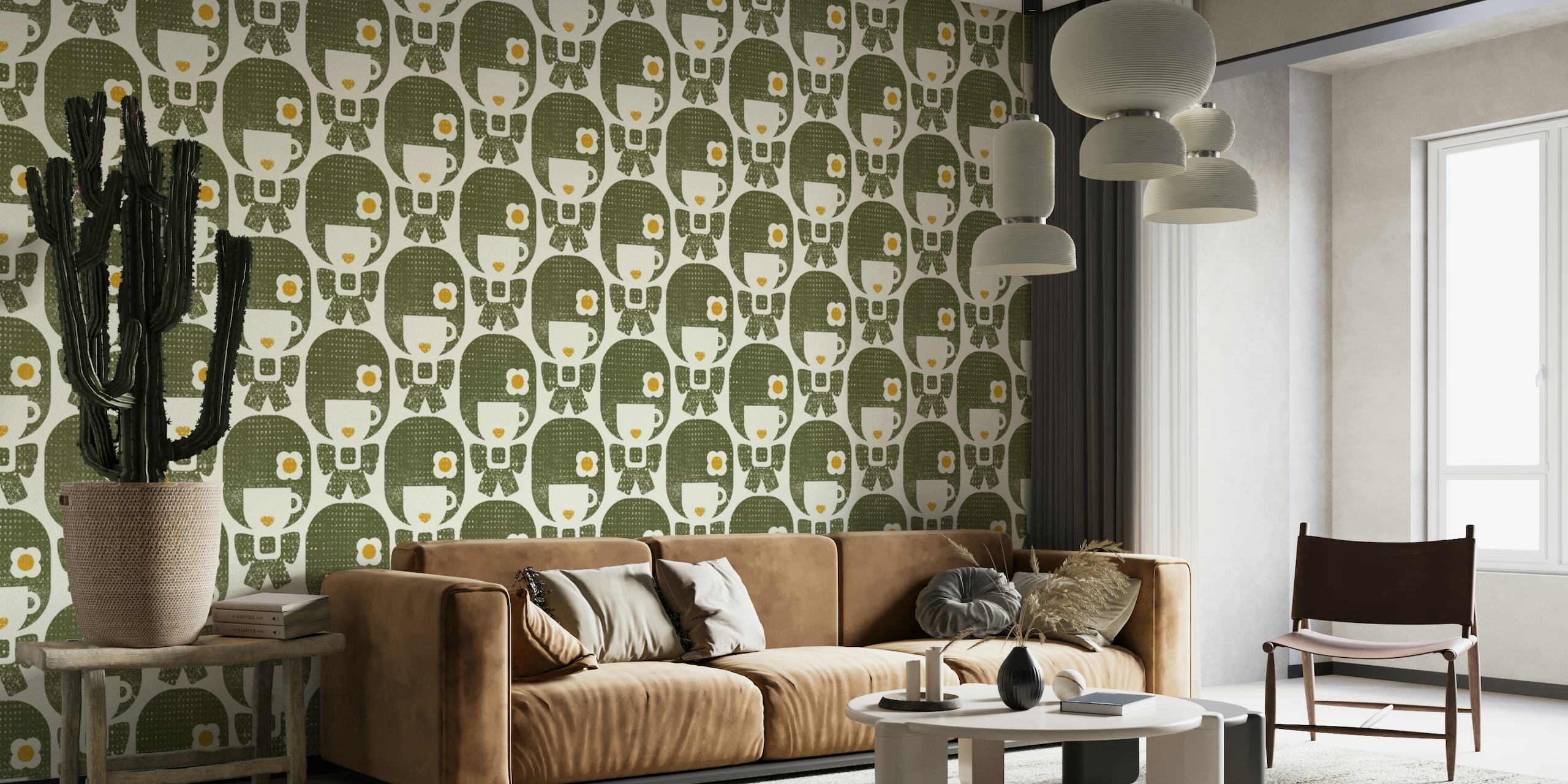 Khaki retro female figures with coffee cups and daisy accents wall mural