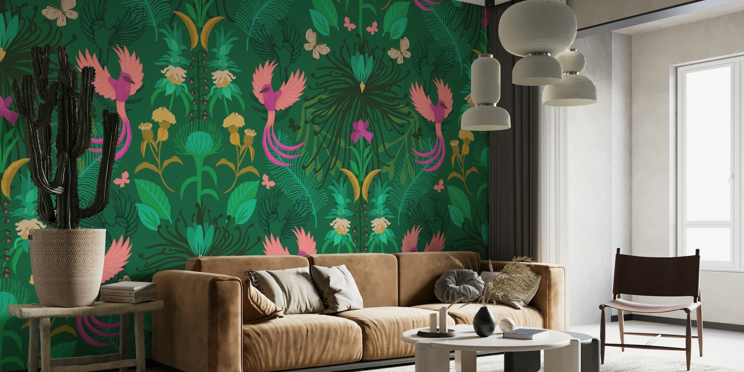 Colorful wall mural of a secret garden with vibrant exotic birds and lush greenery