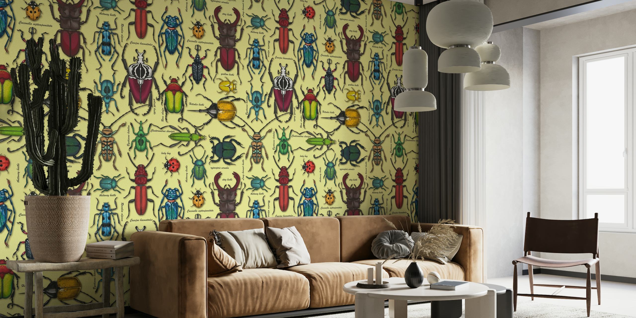 Värikkäitä kovakuoriaisia kuvitettu seinämaalaus keltaisella pohjalla