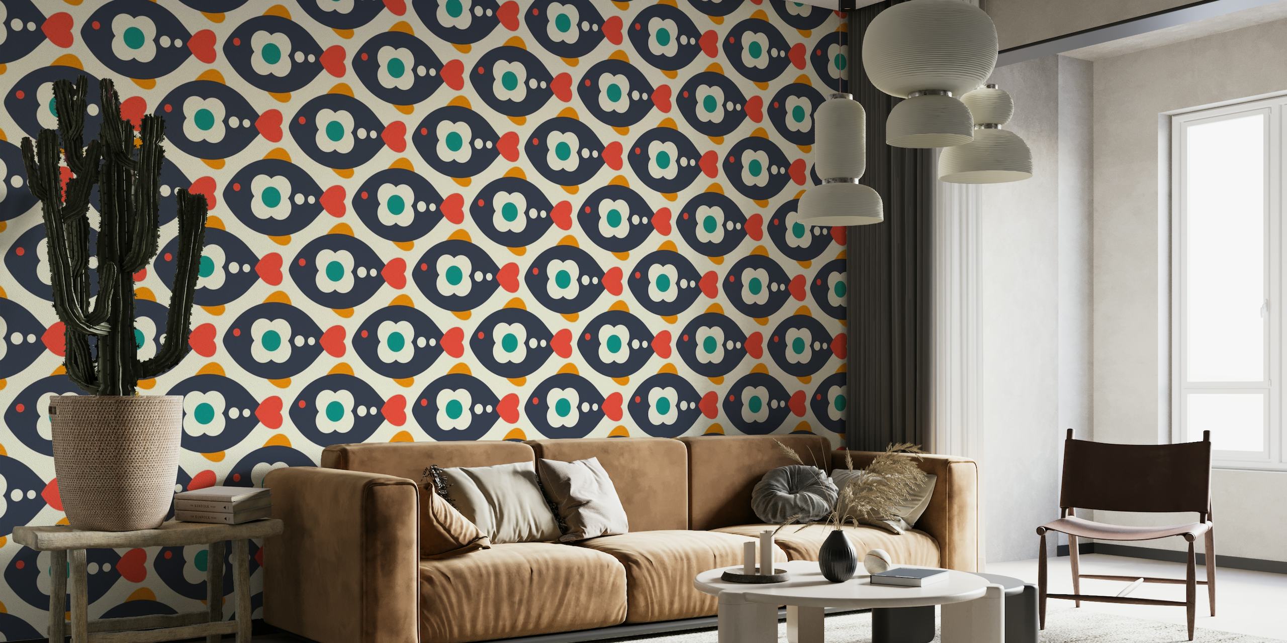 Retro-style wall mural with playful fish patterns in navy and red colors on Happywall.com