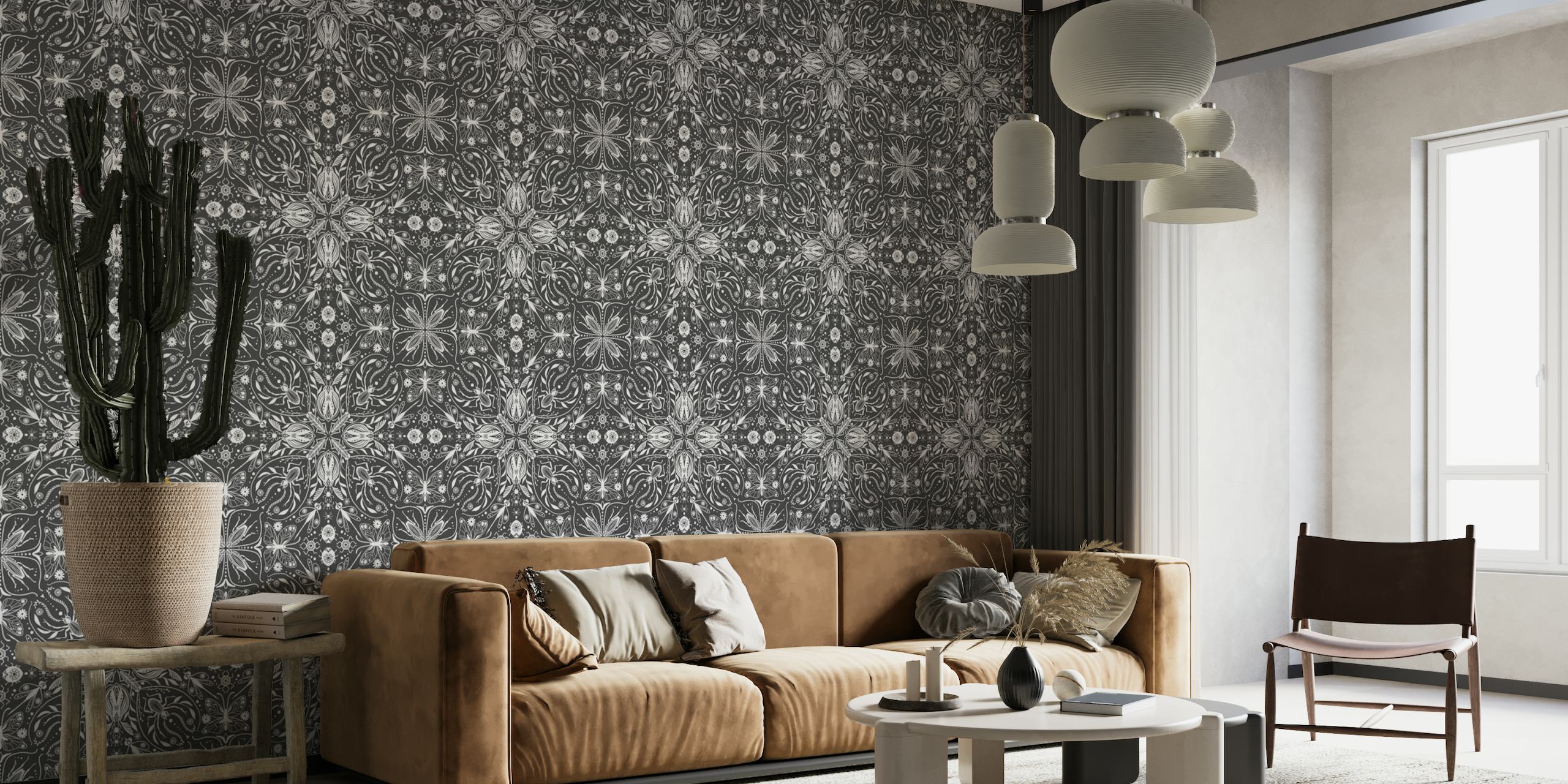 Symmetrical black and white wall mural with insect and floral pattern