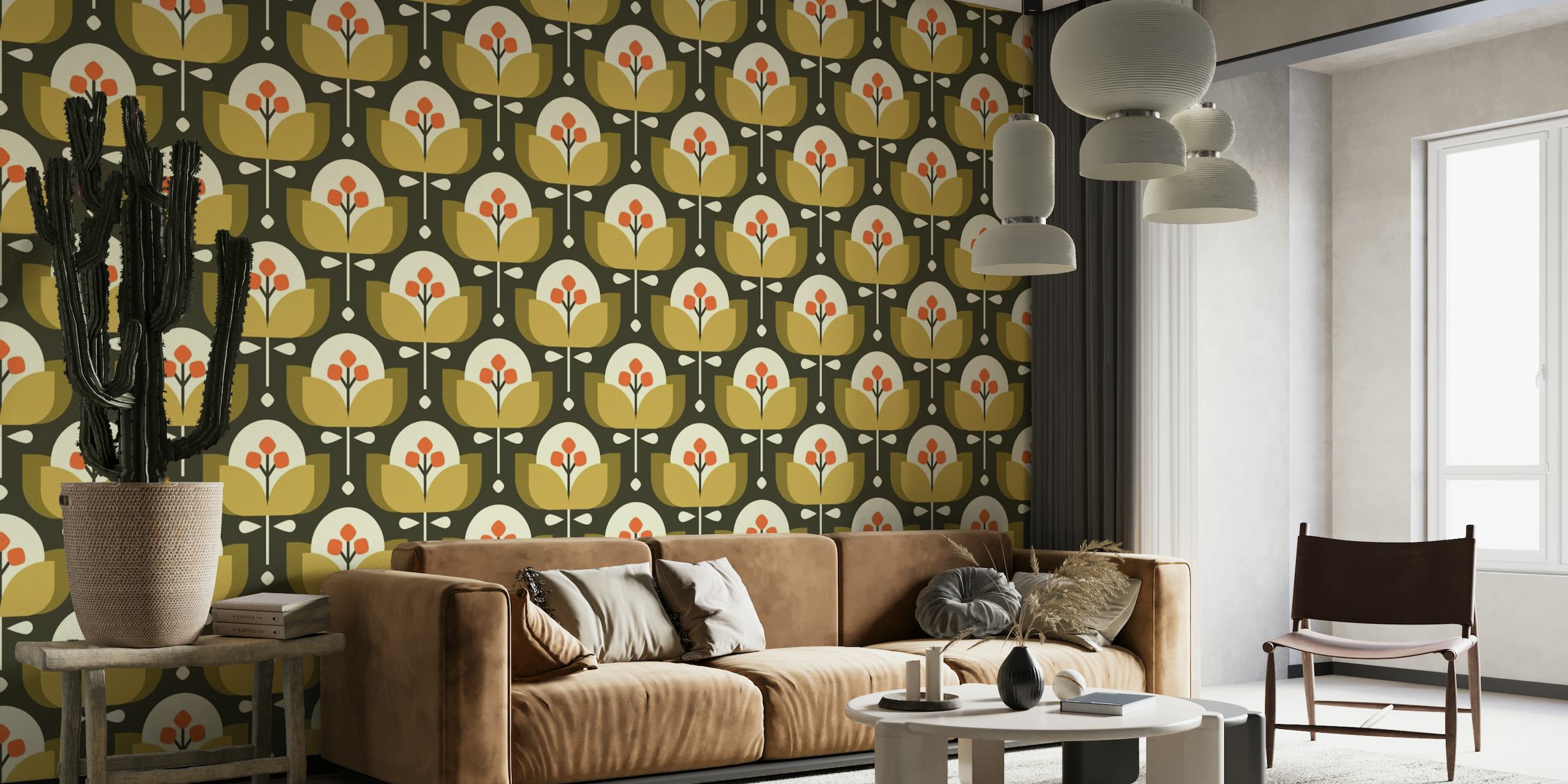 Scandinavian geometric flowers pattern, khaki green (2756D) wallpaper