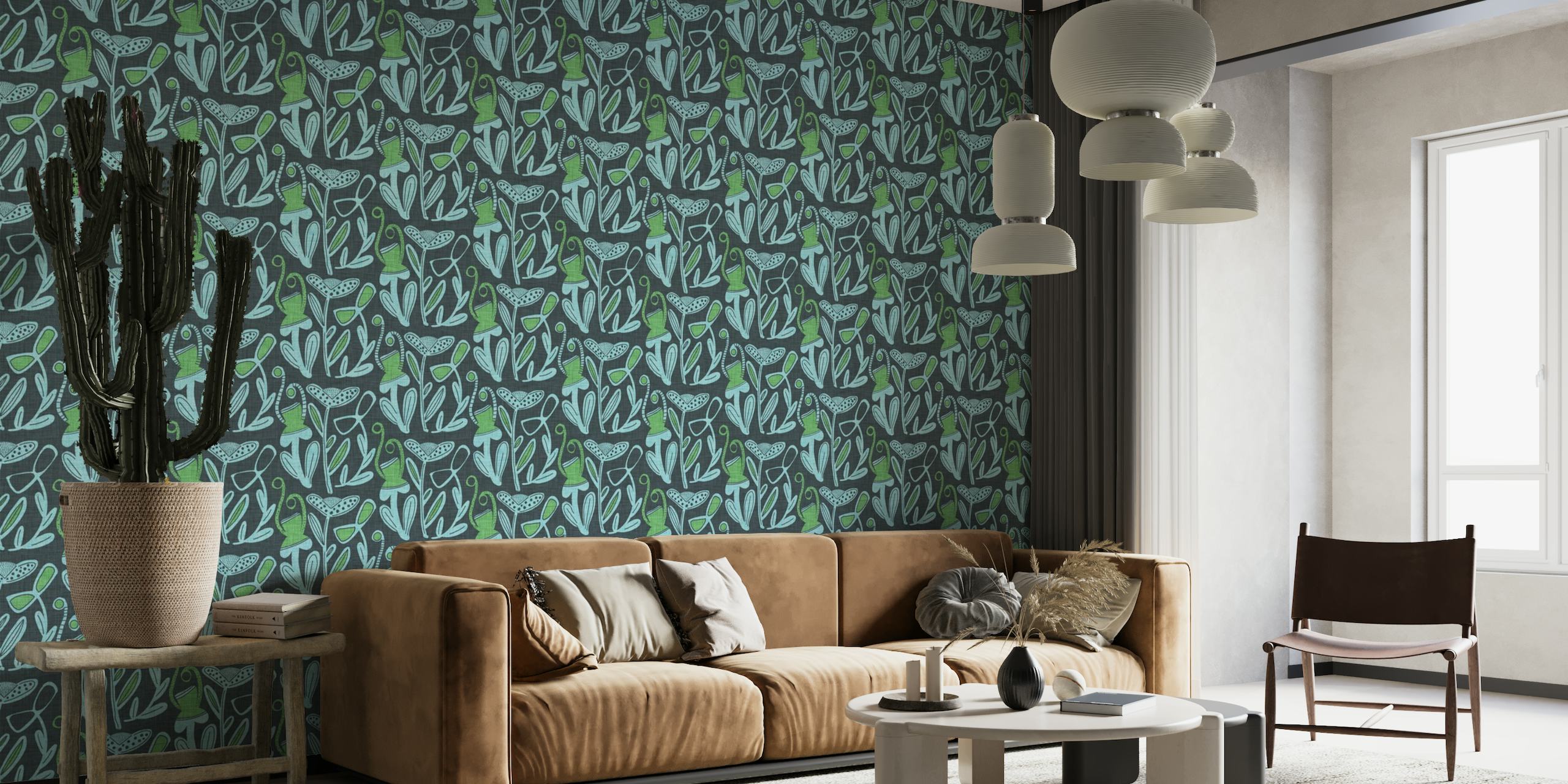 Modern Retro Boho Bold Floral wall mural featuring stylized flowers on a blue and green background