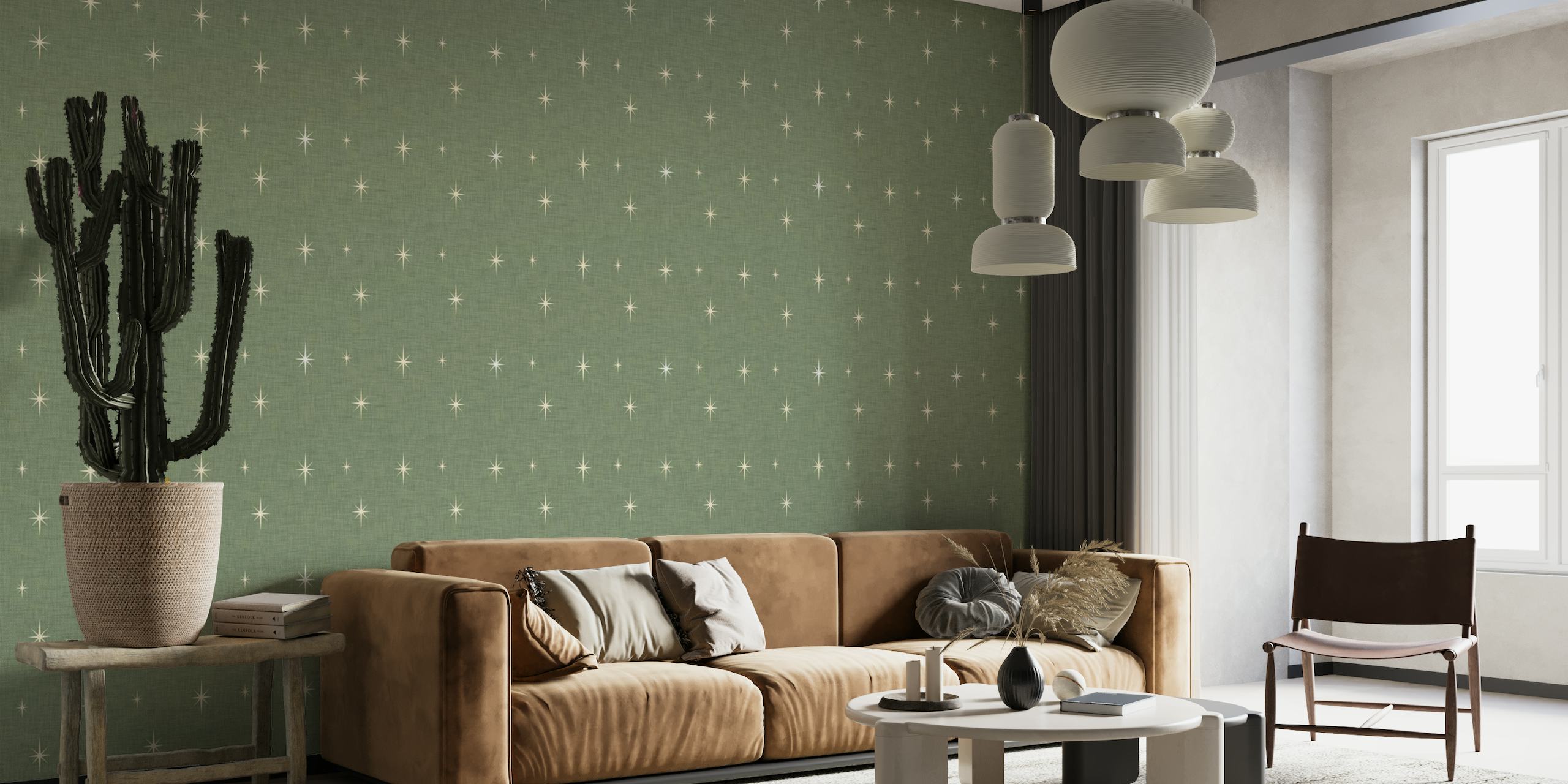 Mid Century Starburst pattern on a dark sage background for a wall mural