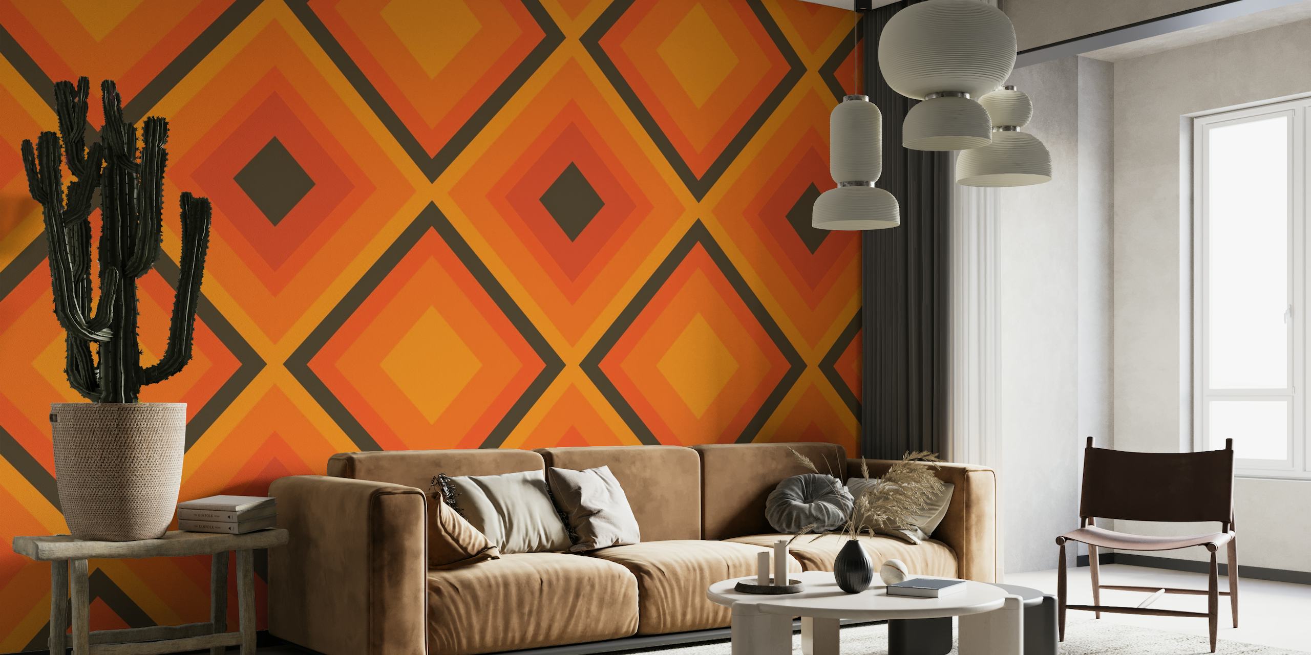 Abstract diamond geometrical in orange and brown behang