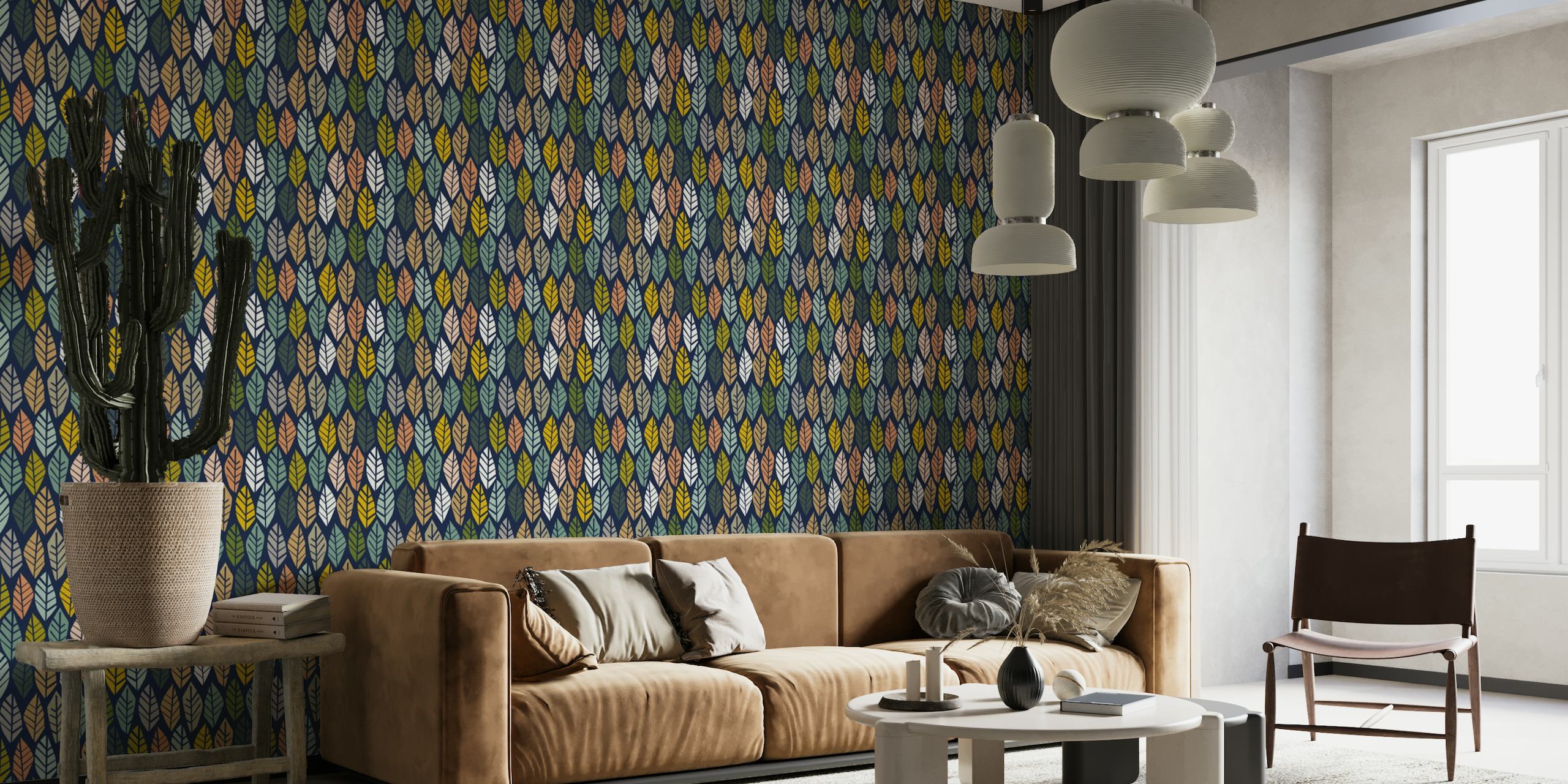 Stylized leaves in cozy Nordic-inspired colors on a dark background for a wall mural