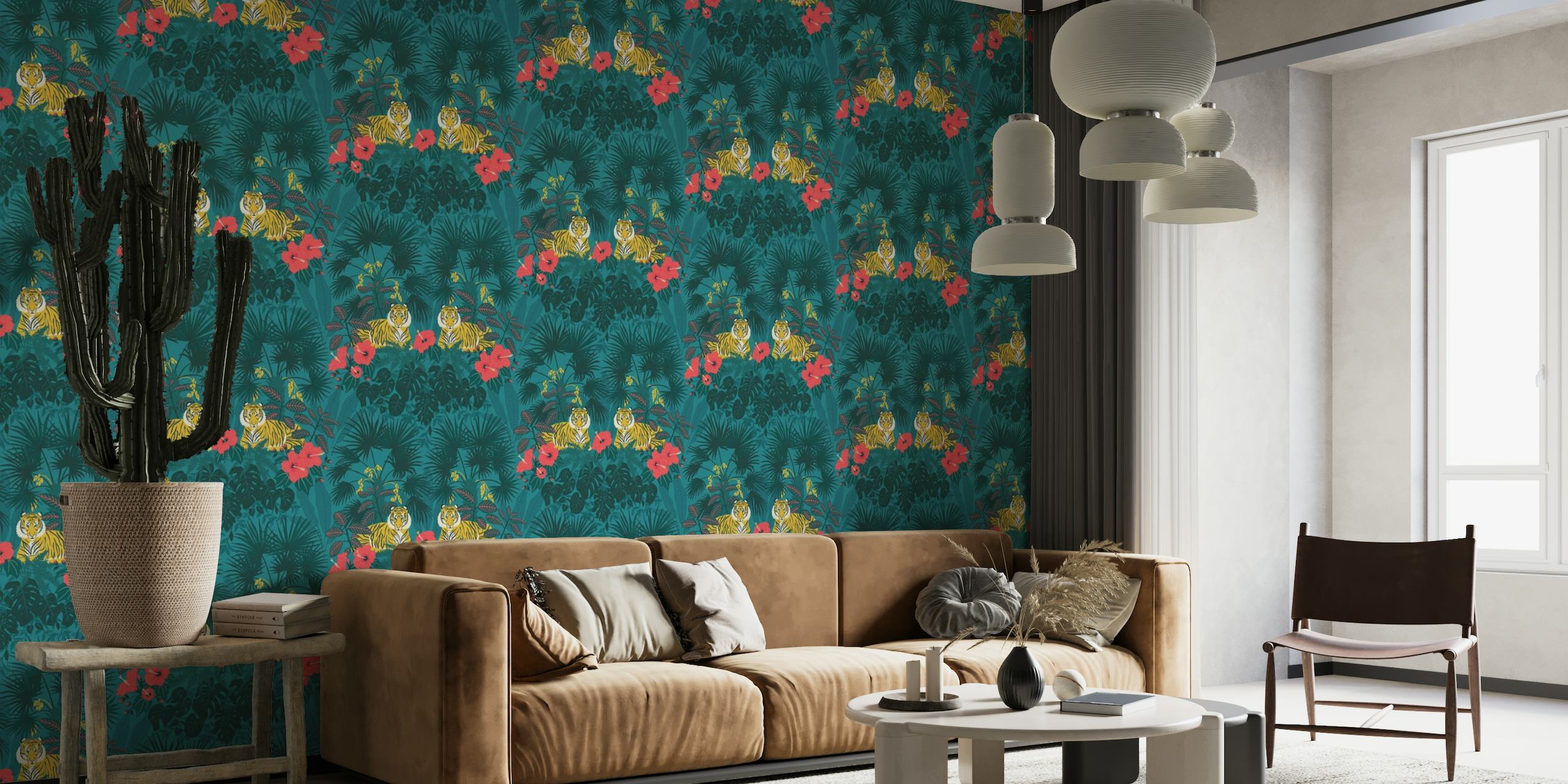 Proud Tiger - Sumatran Blue - Jungle print with tigers, palms, monstera and hibiscus wallpaper