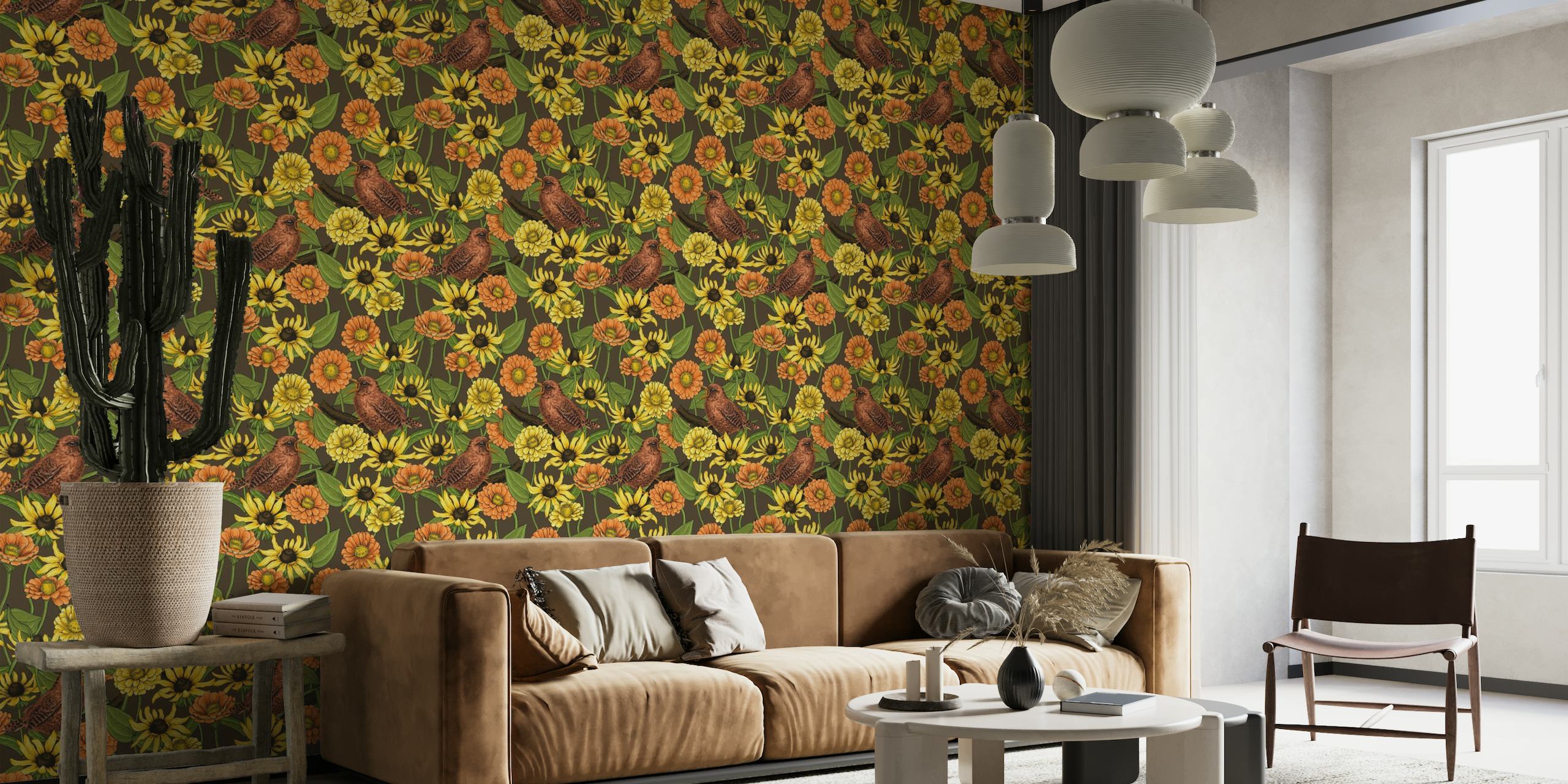 Wrens and flowers on brown wallpaper