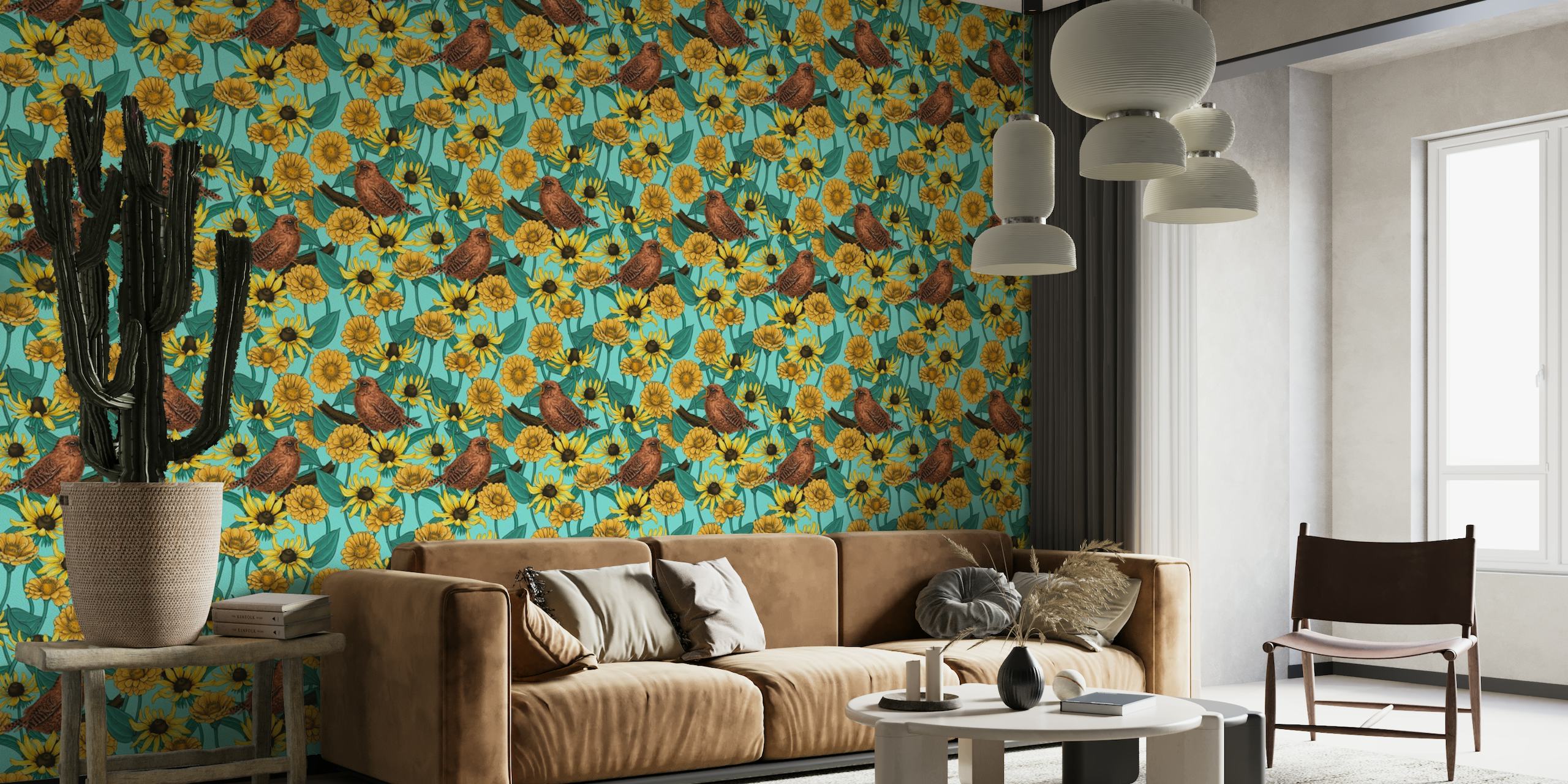 Wall mural of wrens and yellow flowers on a light blue background