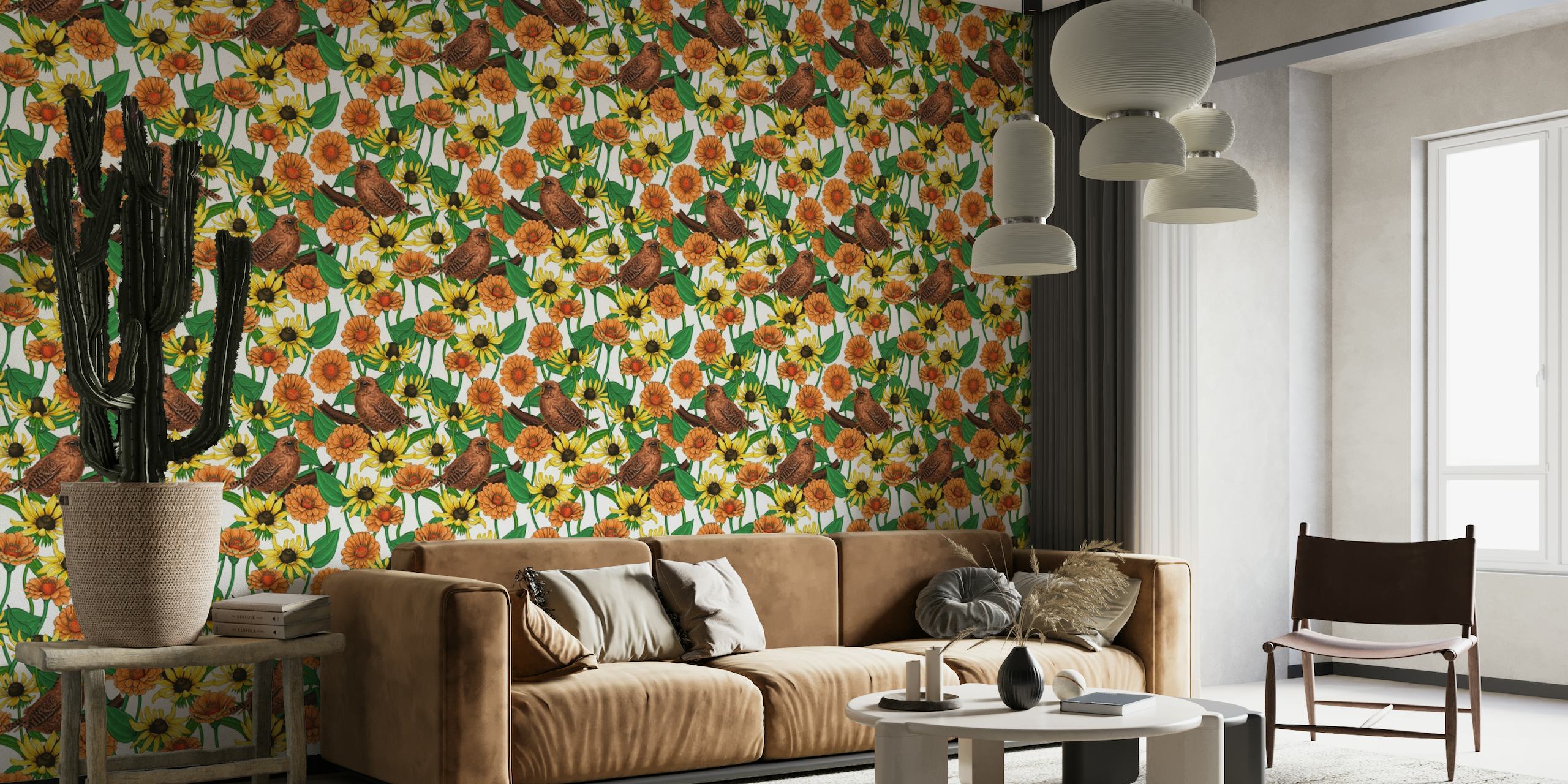 Wrens and flowers on off white wallpaper