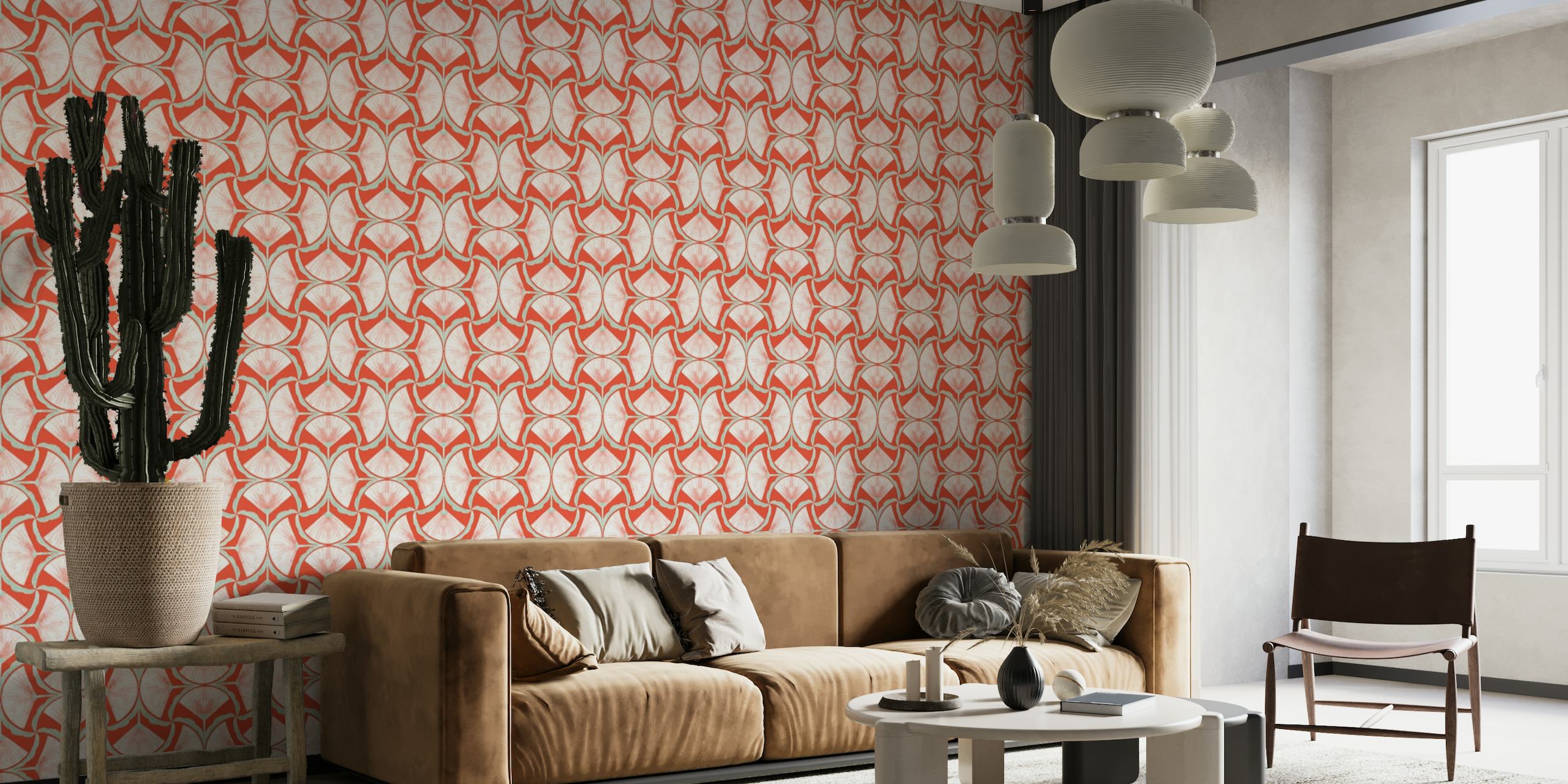 Boldness in Symmetry: Hand-Drawn Flowers Pattern on red background- GD23-A42 wallpaper