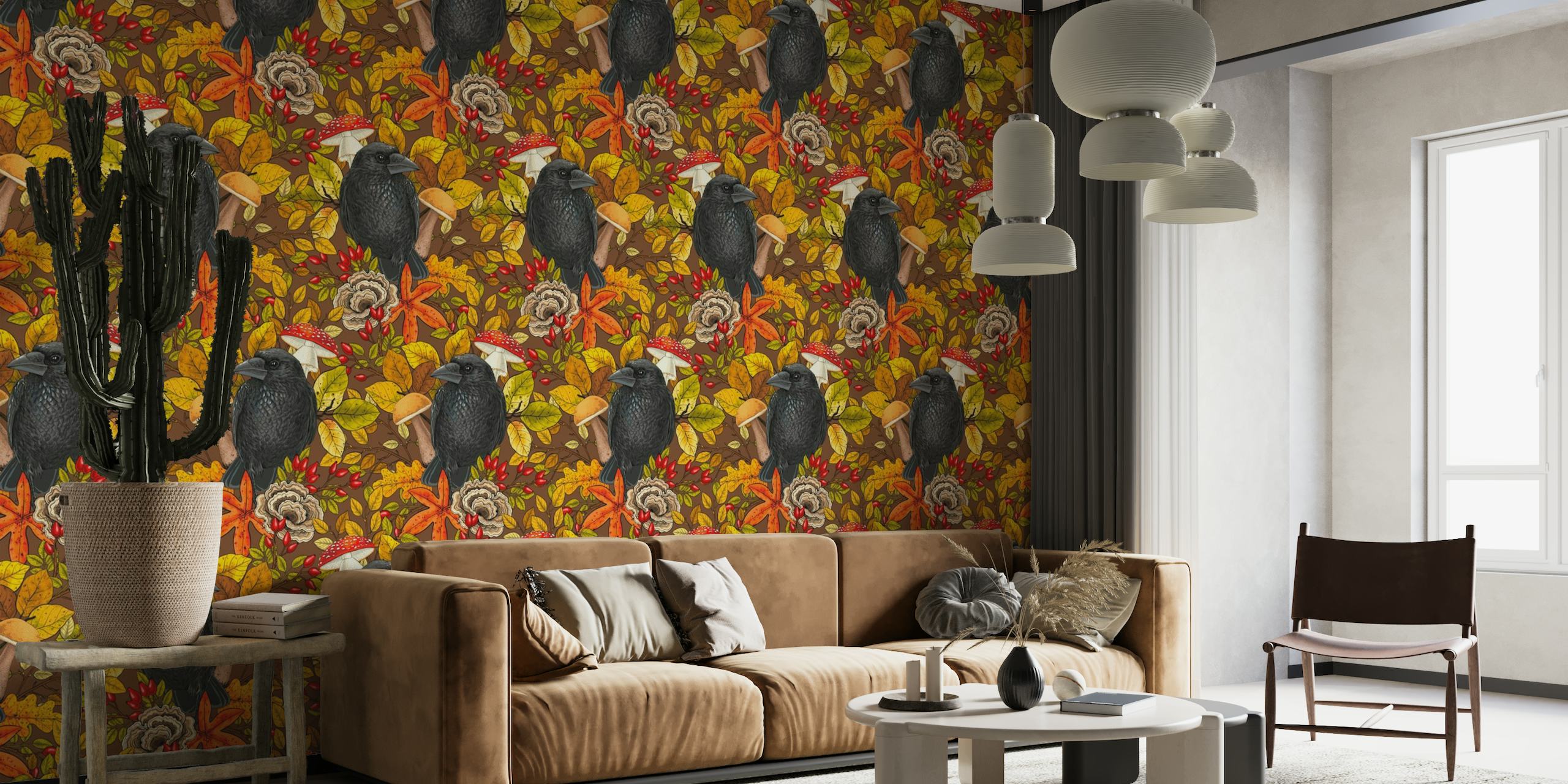 Autumn raven on brown wallpaper