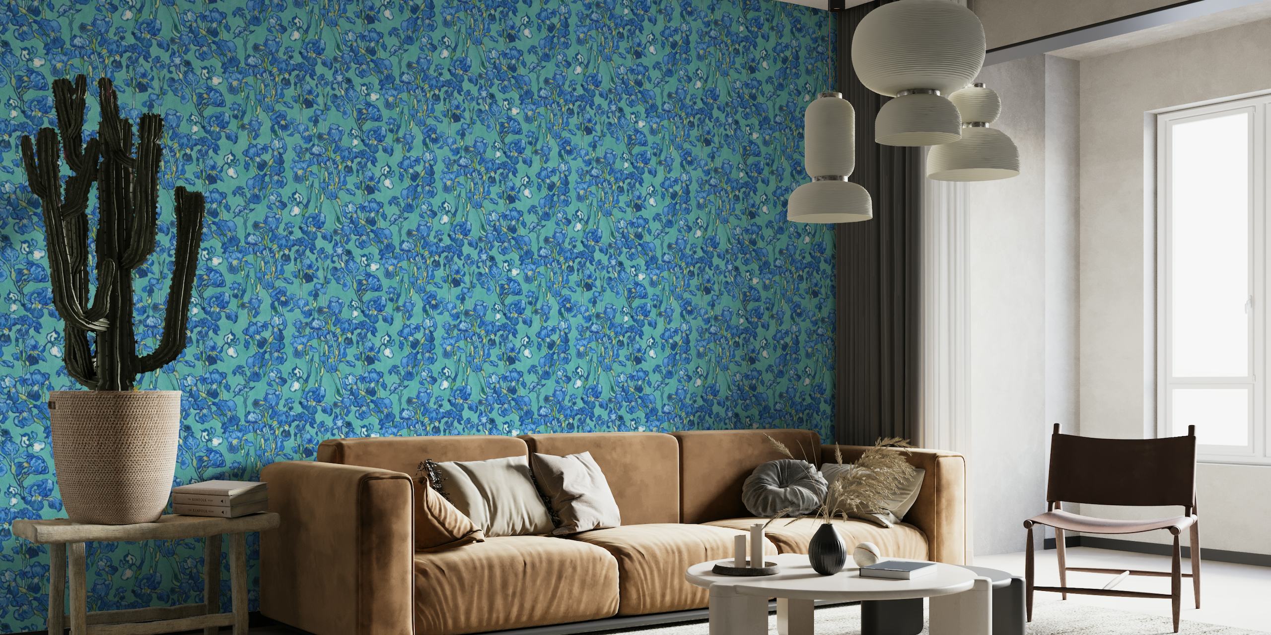 Van Gogh-inspired irises pattern wall mural in shades of cobalt, navy, and turquoise blue