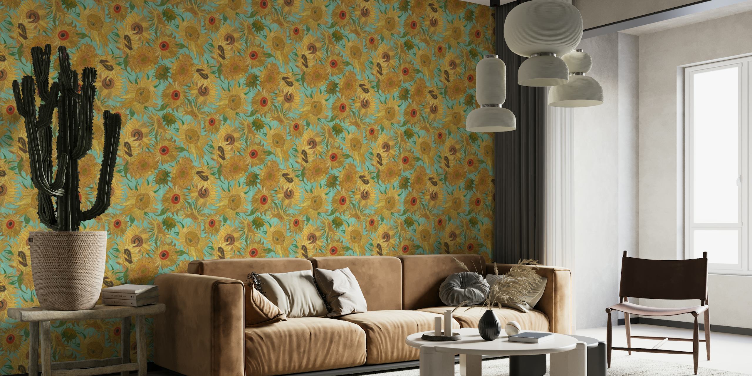 Van Gogh-inspired sunflower pattern wall mural with yellow, aqua, green, ochre, and red colors on happywall.com
