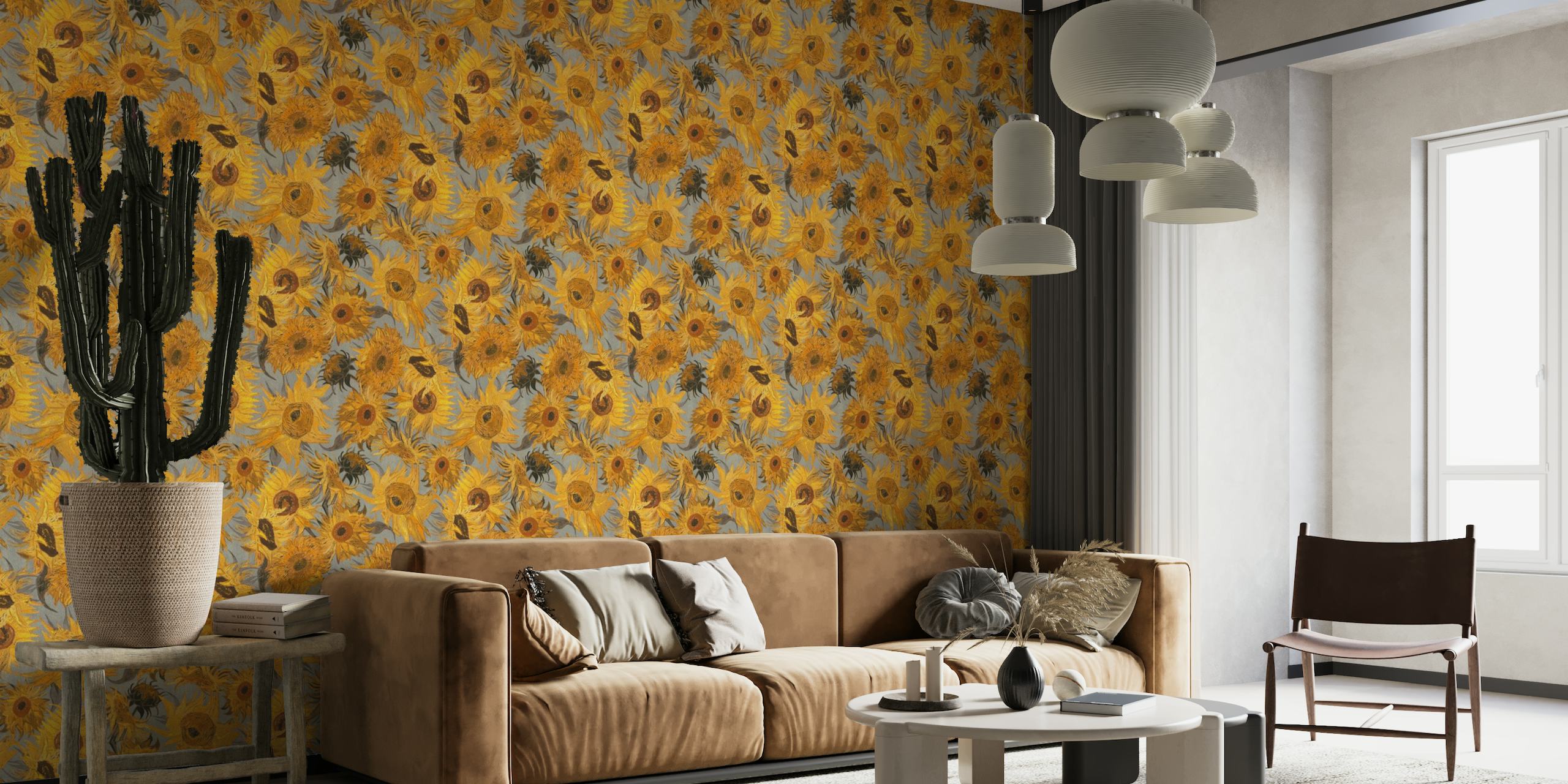 Van Gogh Sunflowers Pattern in yellow, grey, rust and brown wallpaper