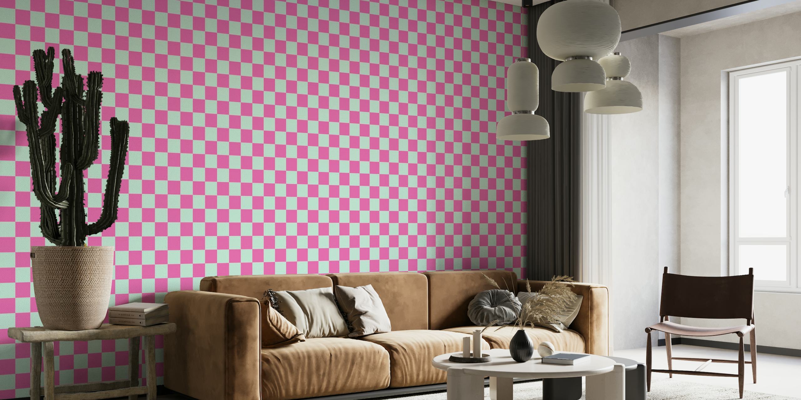 Pink and Mint Checker behang