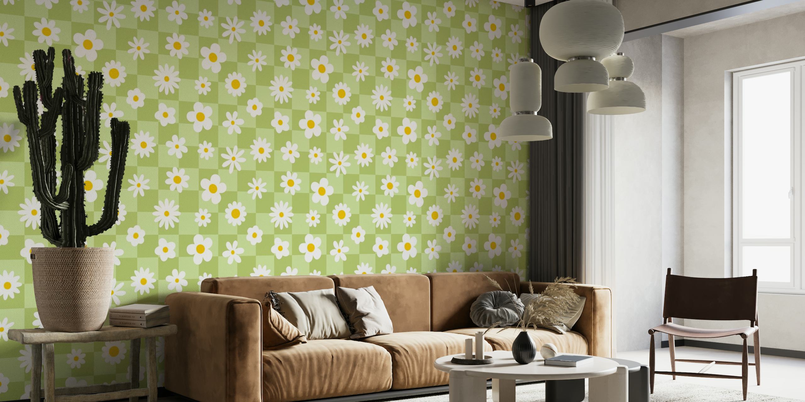 Whimsical white daisies with yellow centers on a green checkered background wall mural.