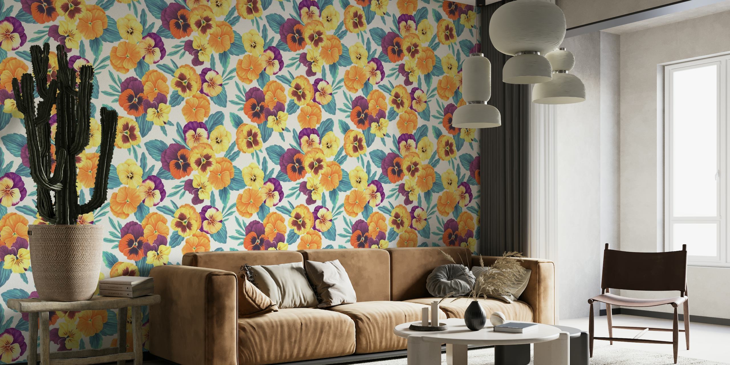 Colorful pansy flowers on an off-white background wall mural