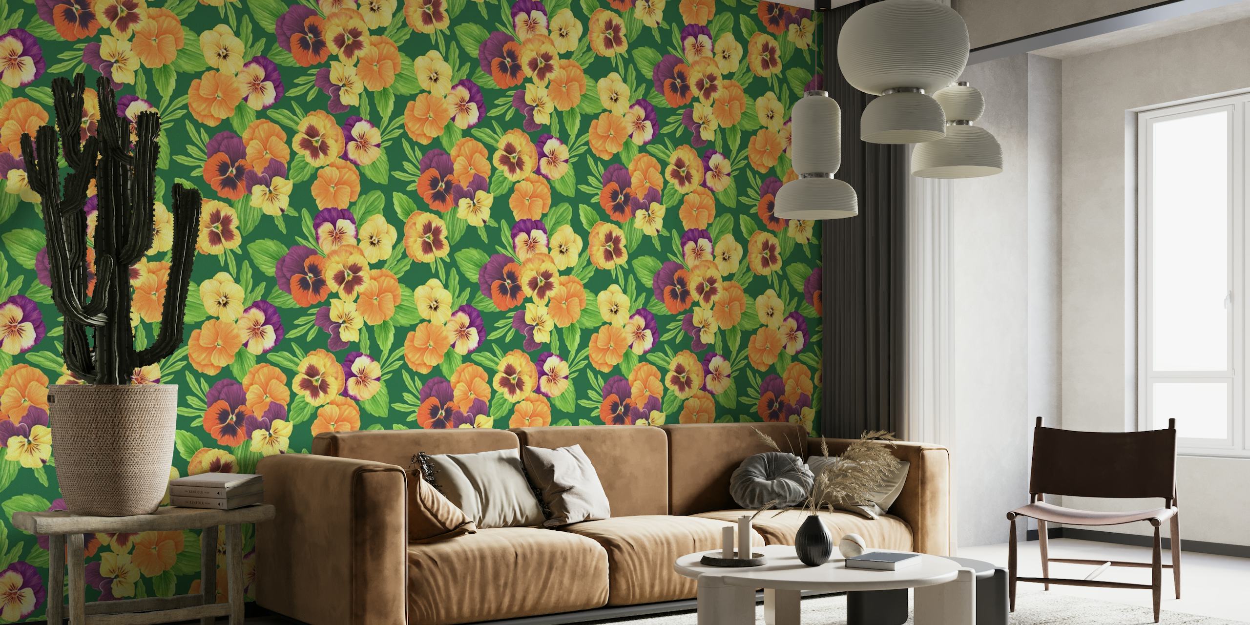 Colorful pansies on a lush emerald green background wall mural