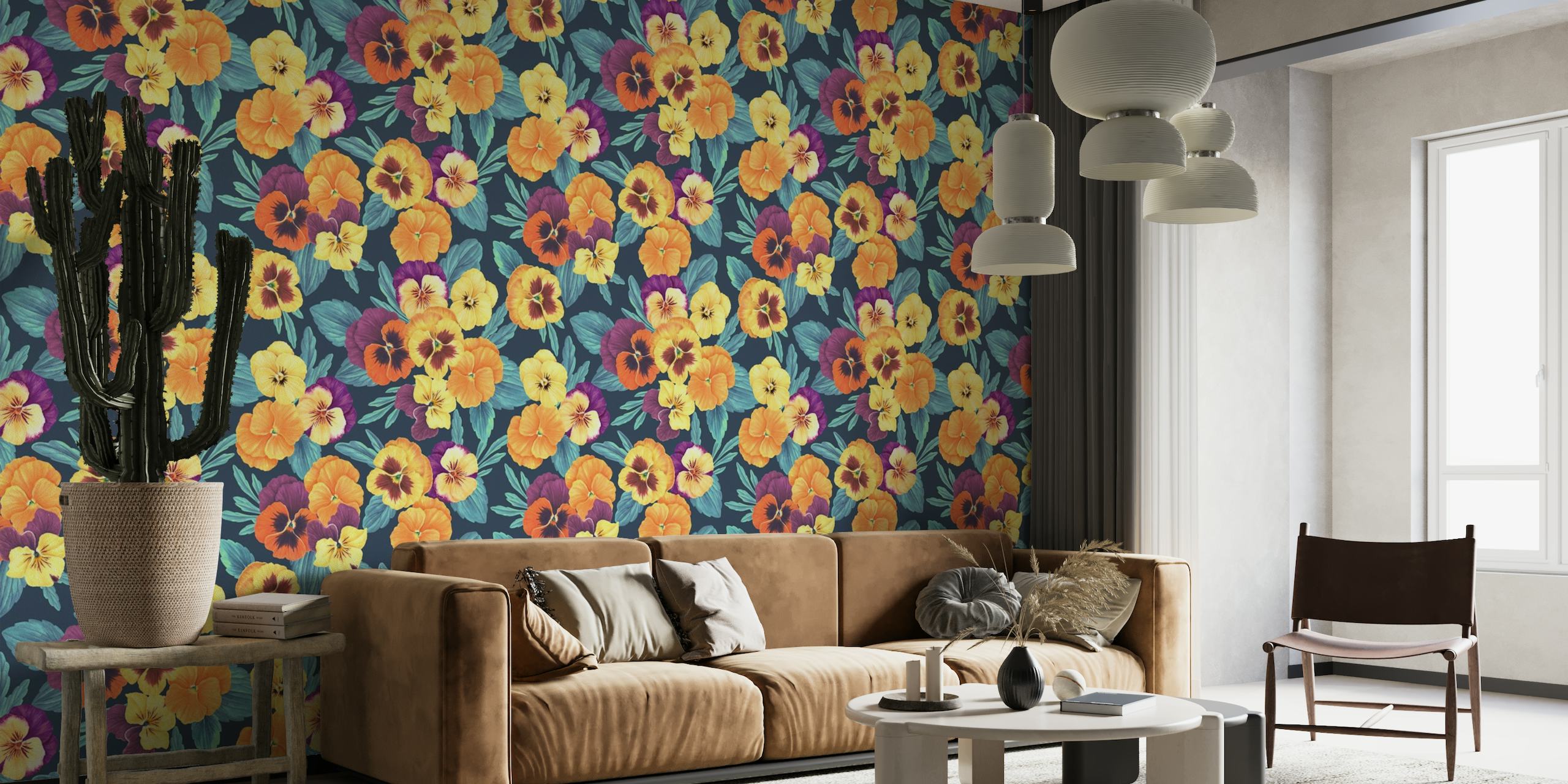 Colorful pansies in yellow, orange, and purple hues on a navy background wall mural