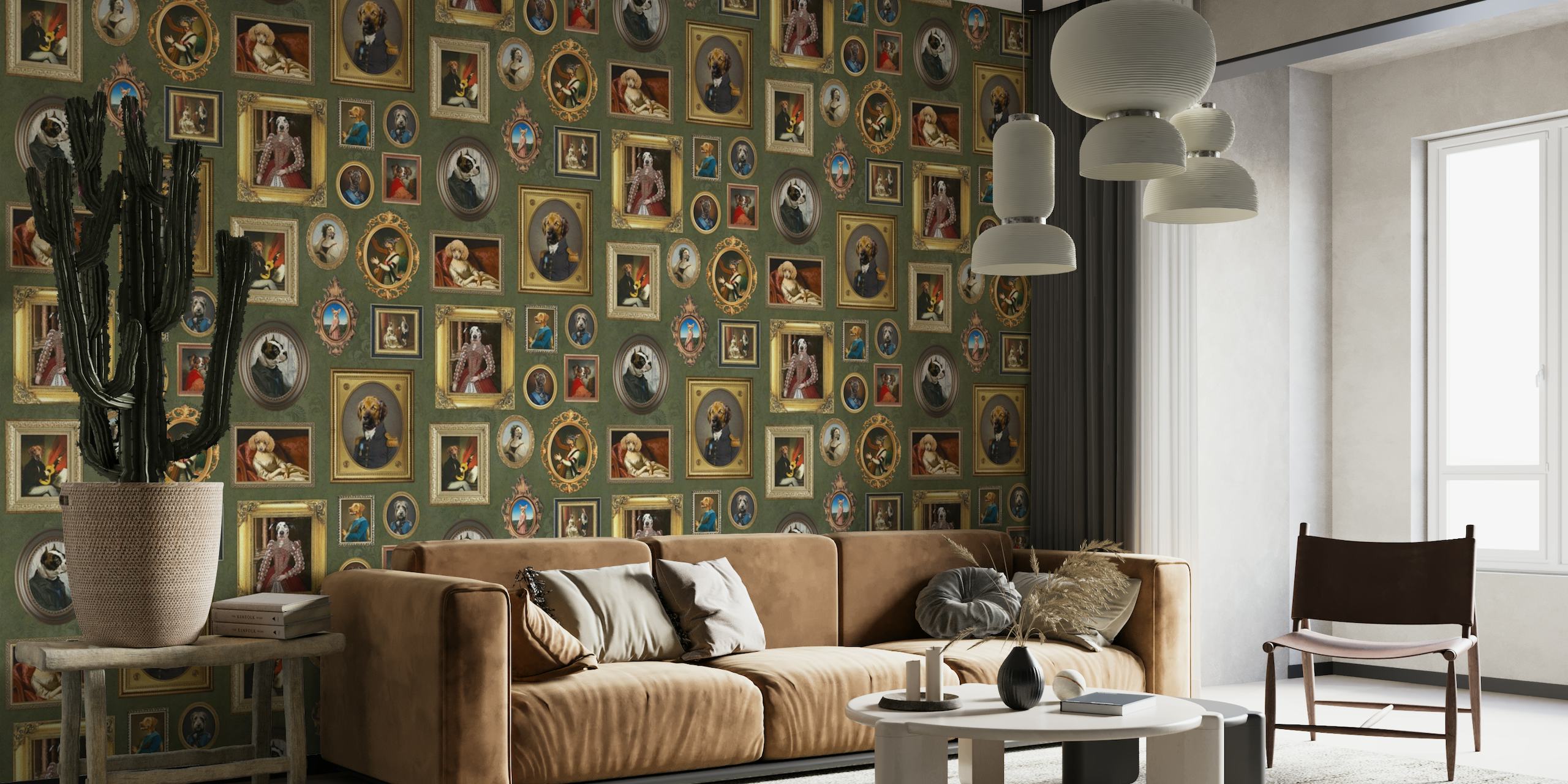 Dog Lovers Portrait Collection in olive green wallpaper