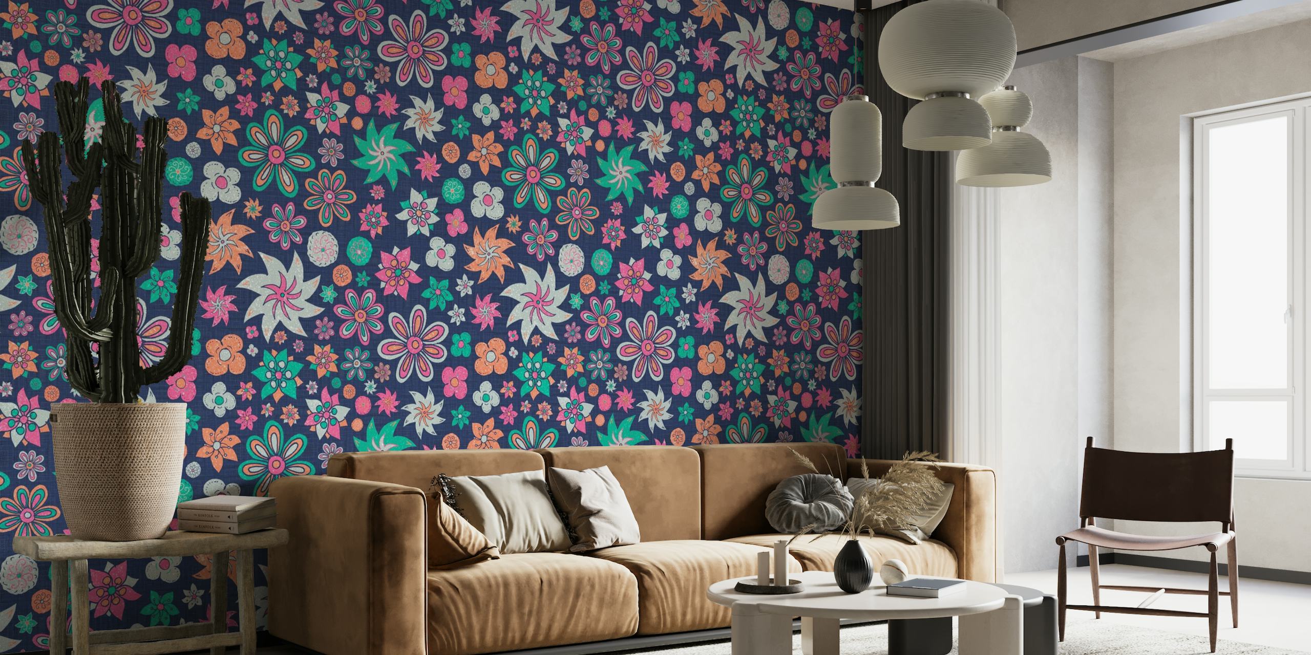 Vibrant and colorful maximalist springtime flowers wall mural design