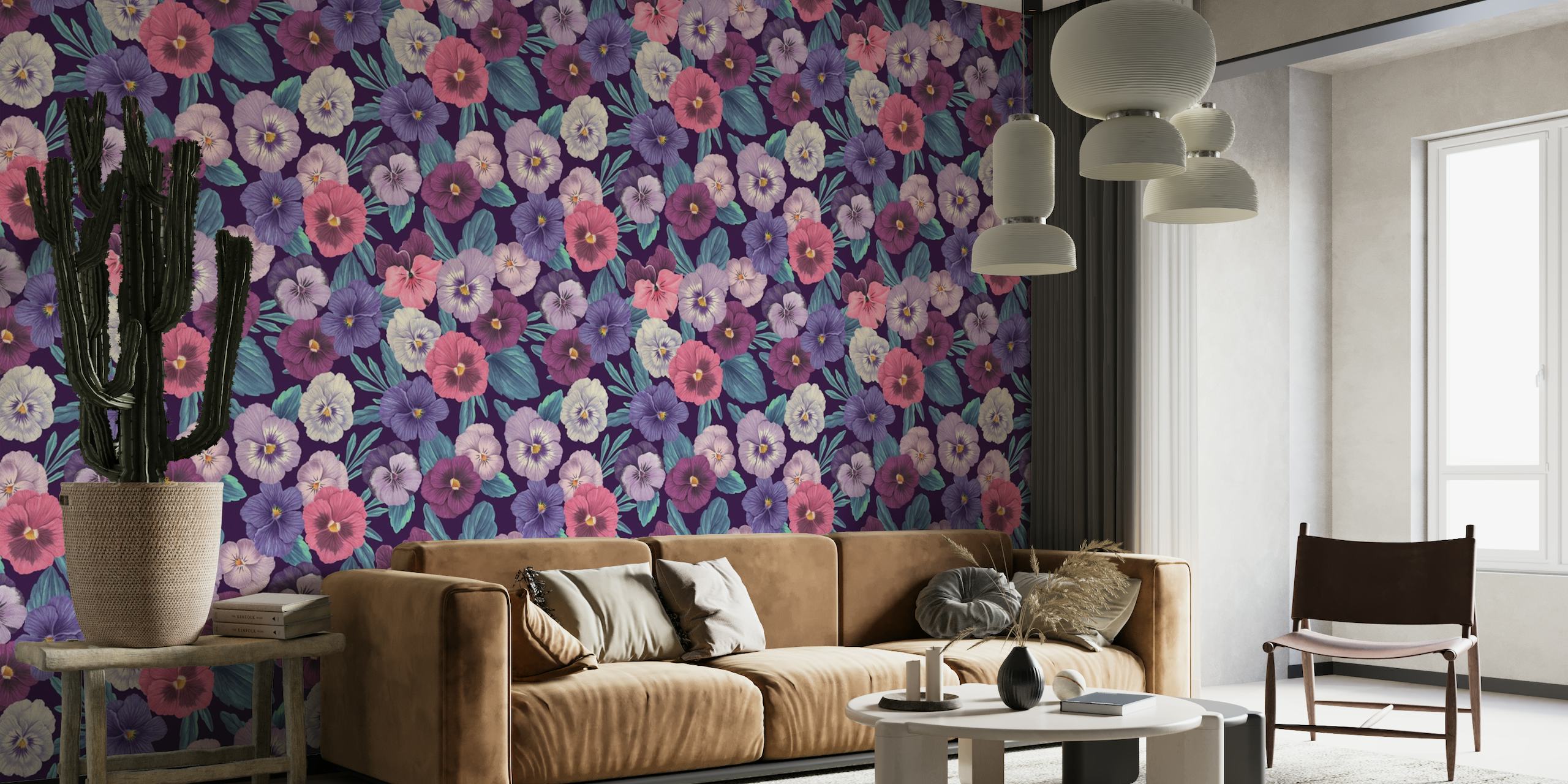 Colorful pansies on deep violet wallpaper