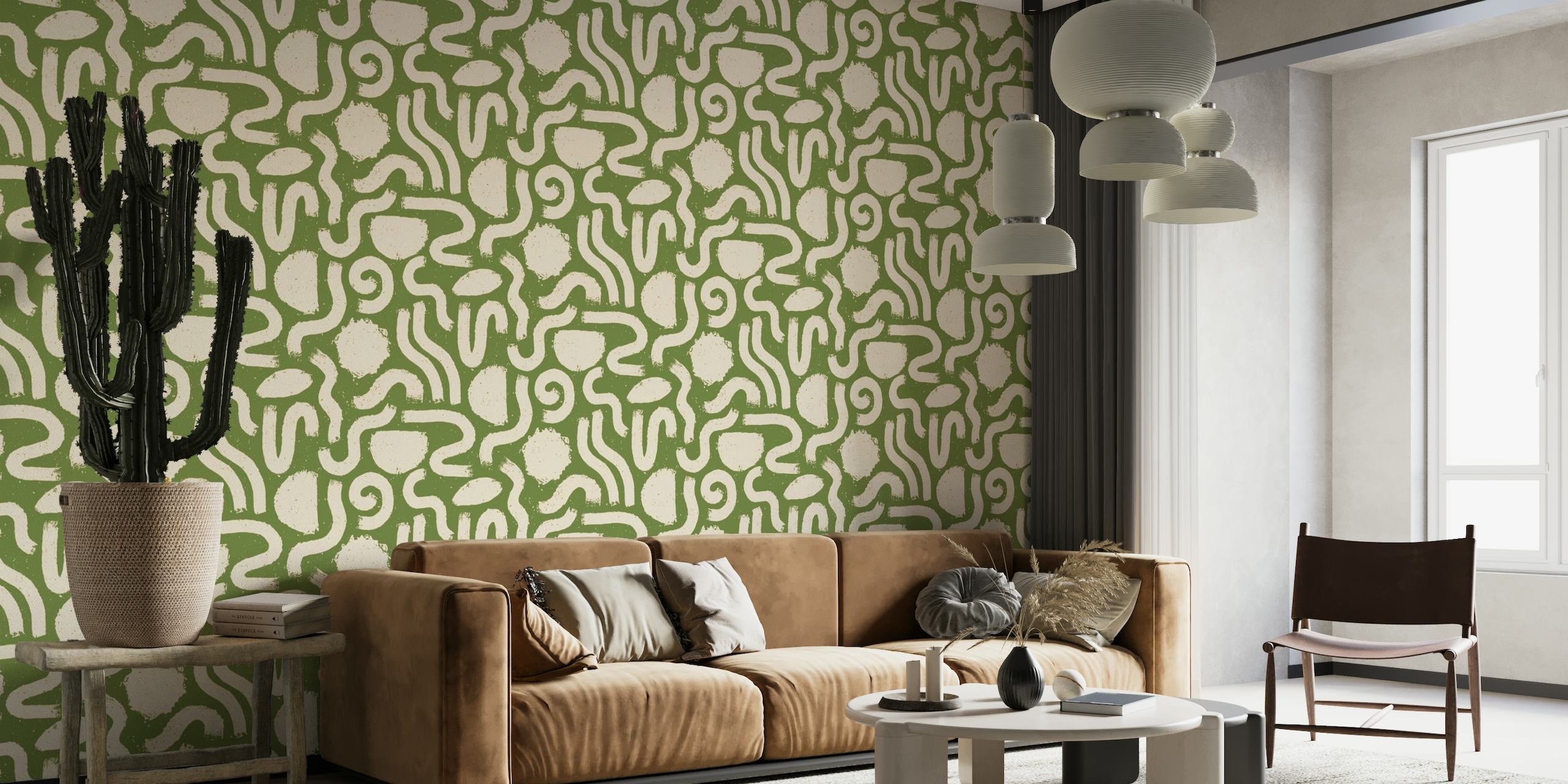 Abstrakt grönt och krämmålade former mönster väggmålning