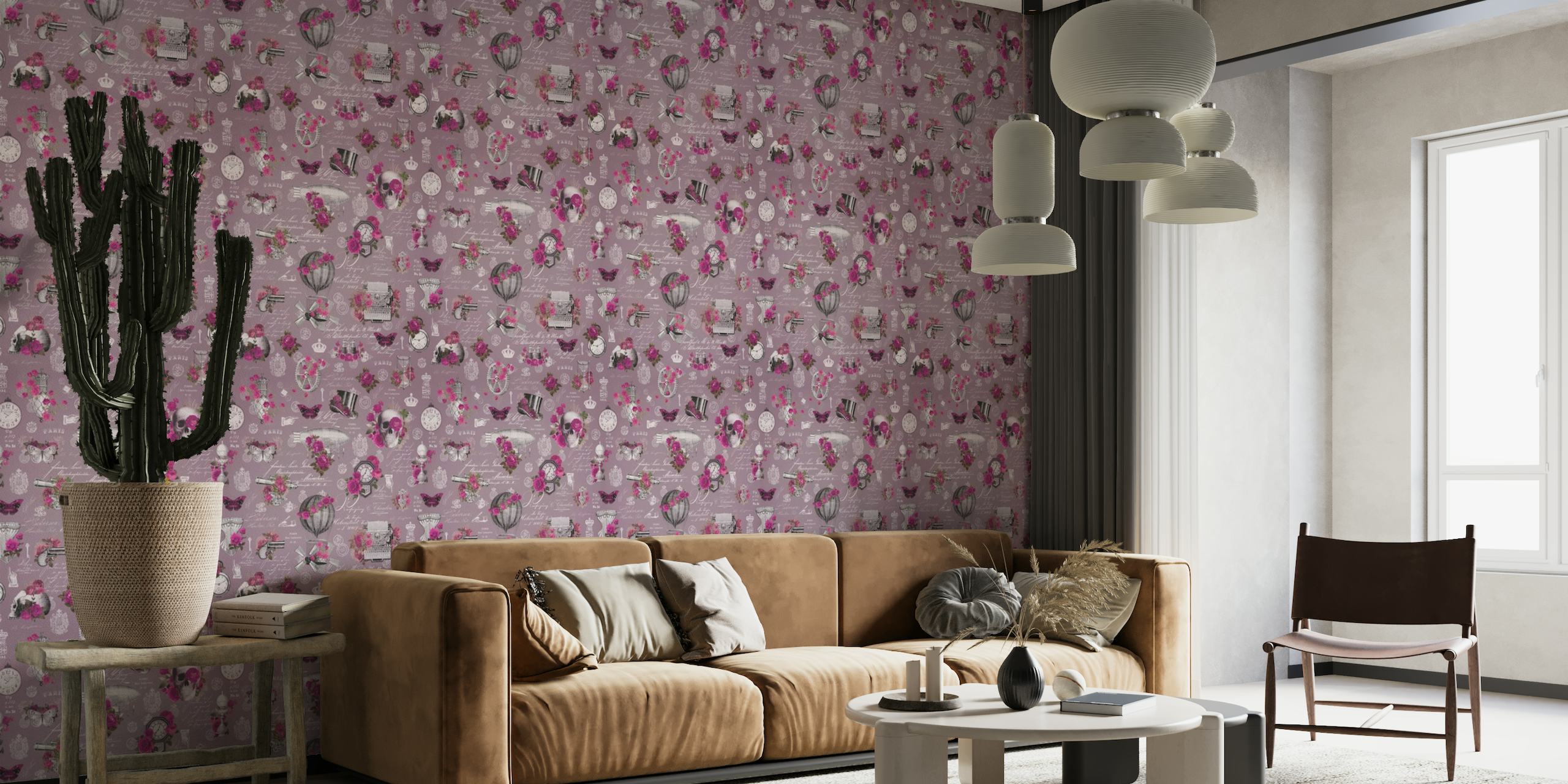 Steampunk-inspired wall mural featuring magenta roses, mechanical gears, and baroque details