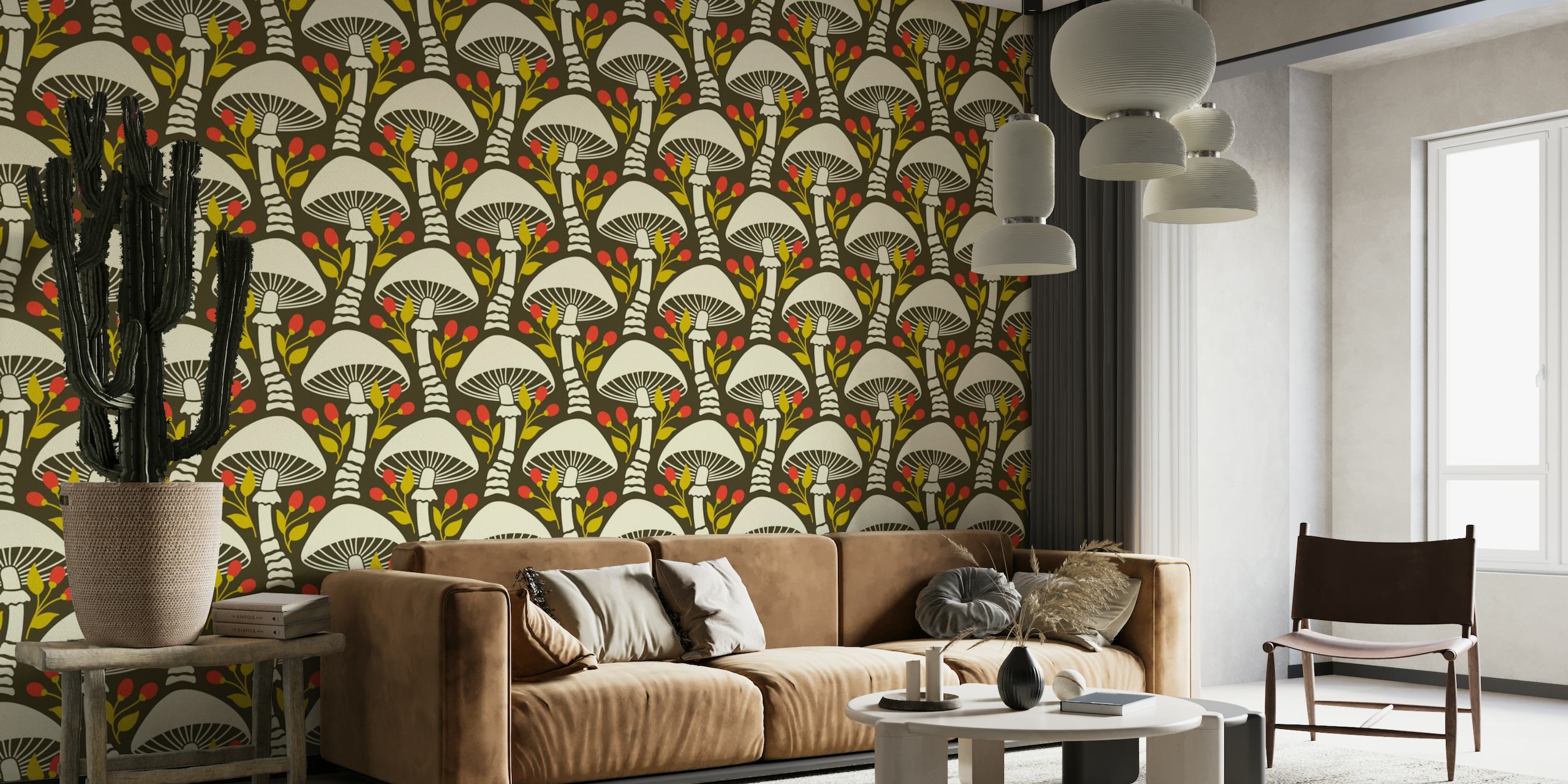 Stylized white mushrooms and red berries on a brown background wall mural