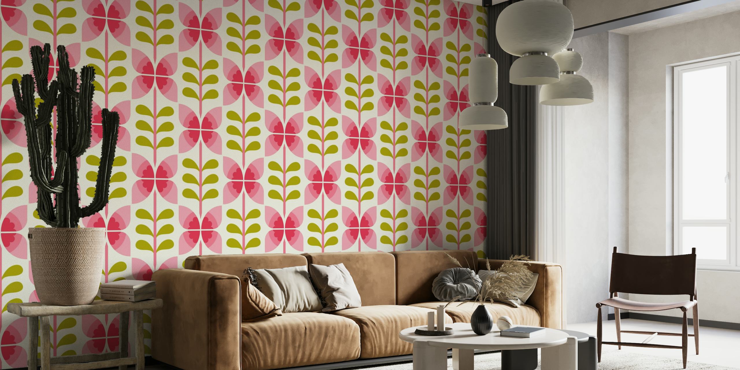 Retro butterfly flowers, pink green / 2856A wallpaper