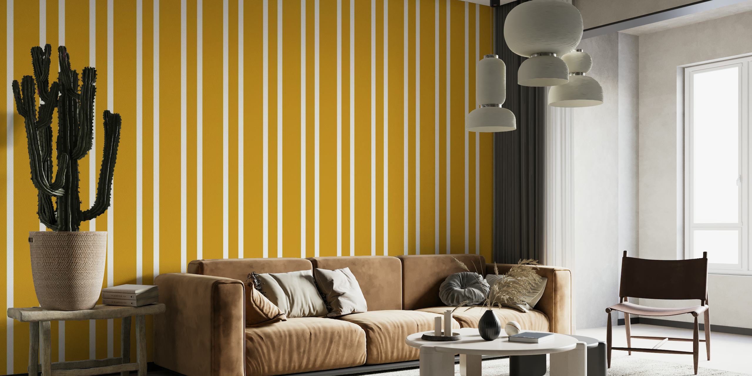 Elegant striped gold and white wallpaper mural design.