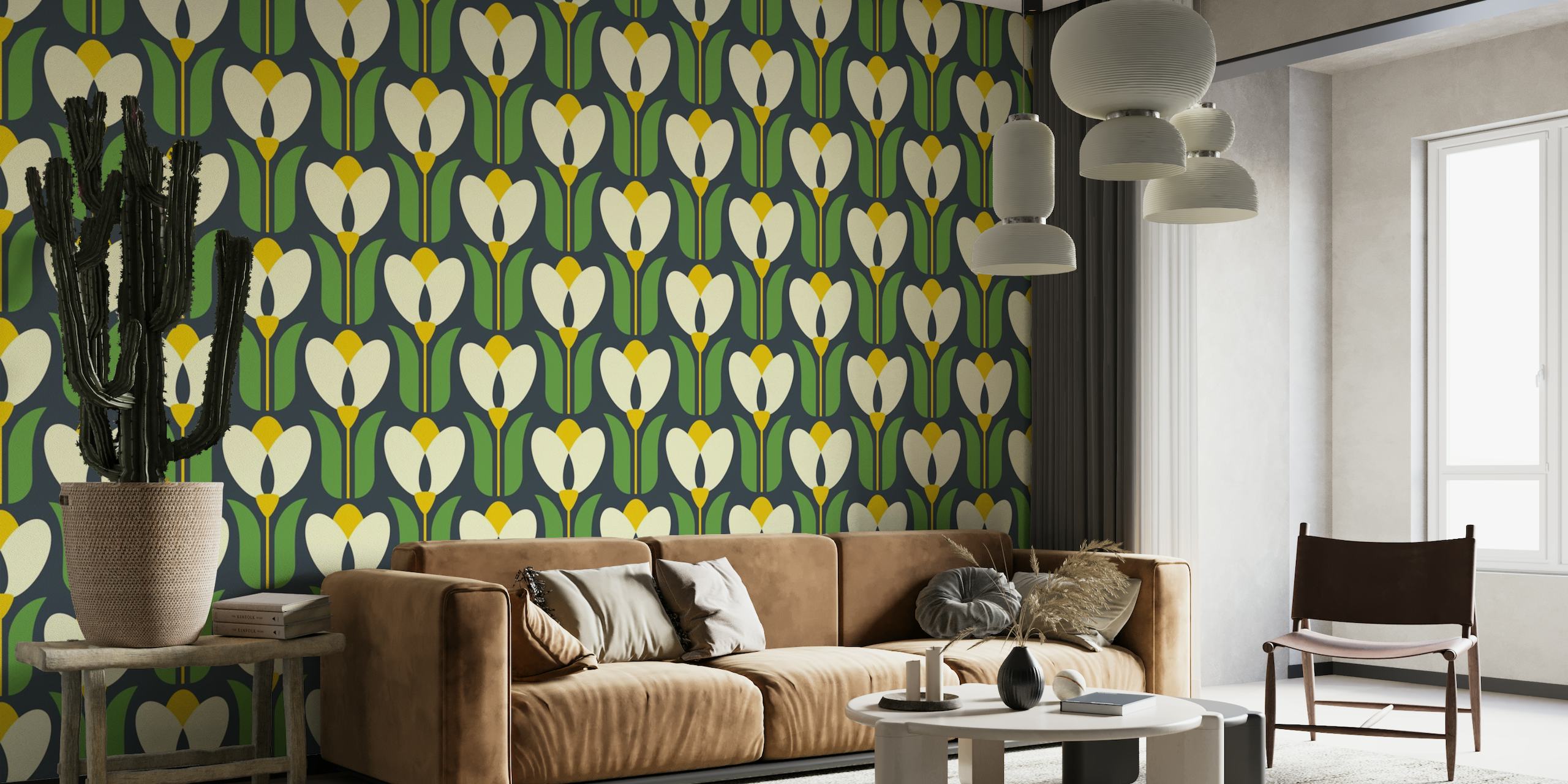 Retro tulips, green / 2862E papel de parede