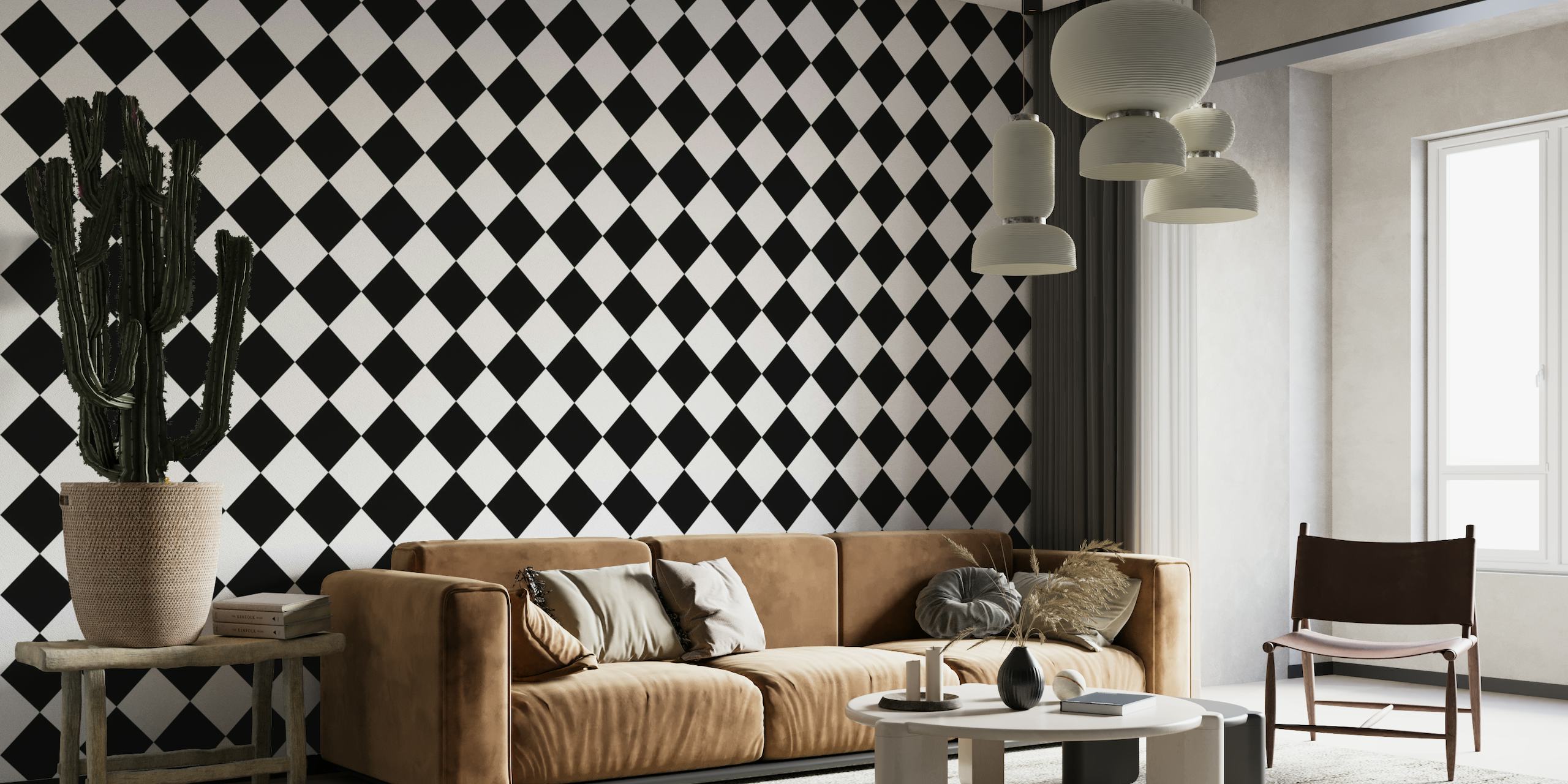 Diagonal Checkerboard Large - Black and White wallpaper