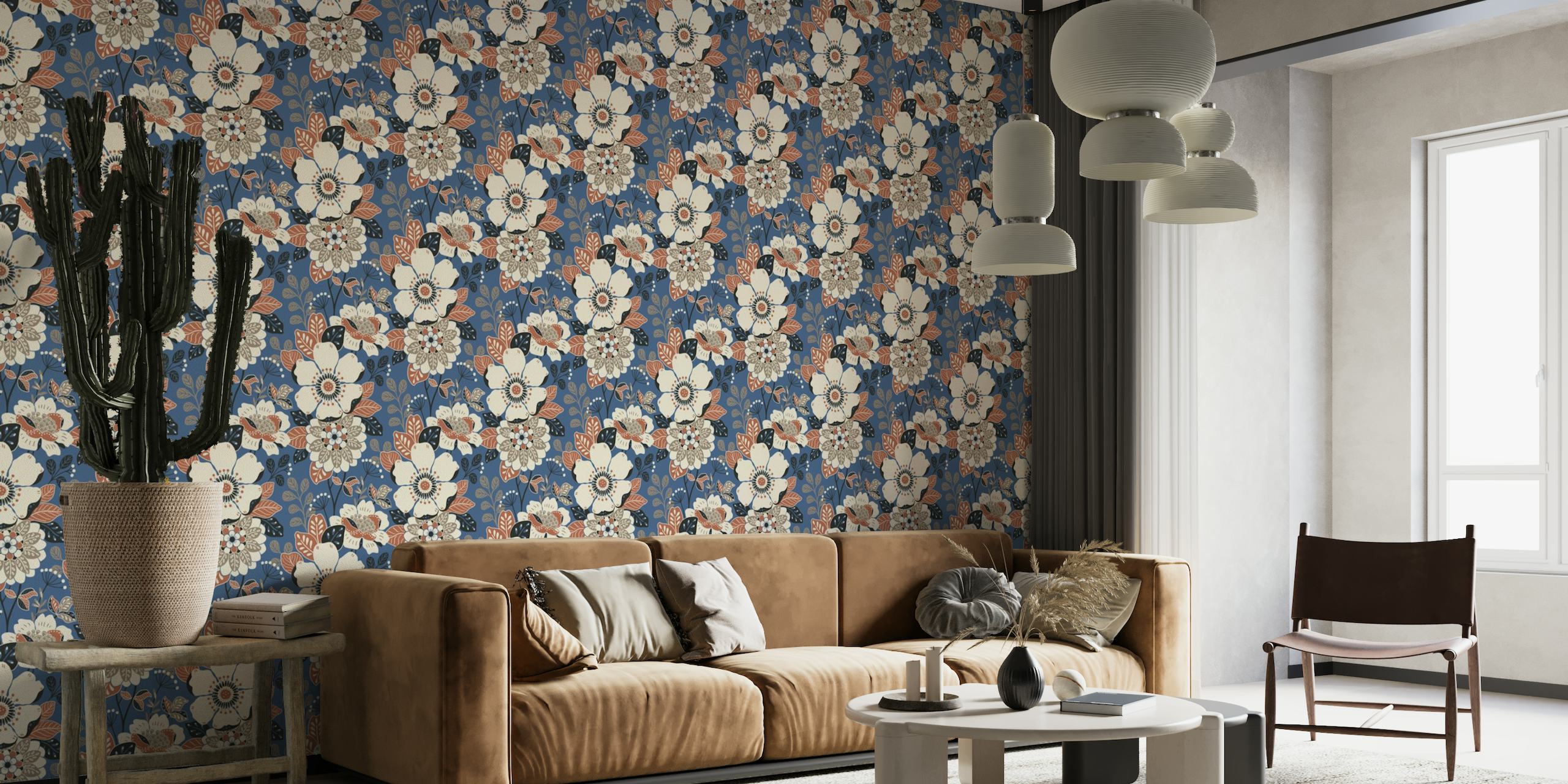 Moody Rustic Floral Fall - blue wall mural depicting an autumn-inspired rustic floral pattern