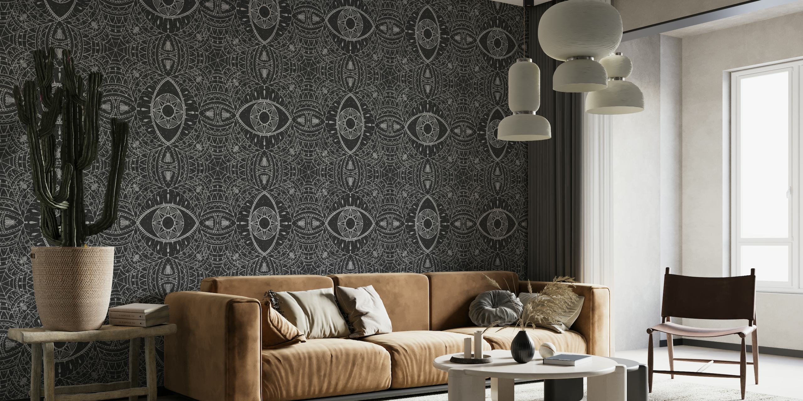 Goth-inspired black wall mural depicting whimsical spider webs and stylized eyes