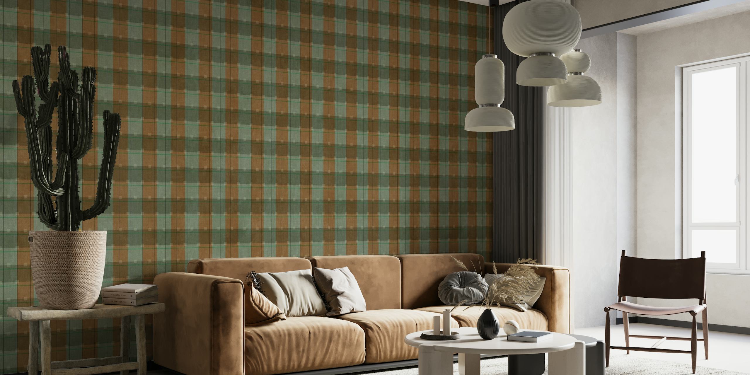 Gingham checker pattern brown sage green wallpaper