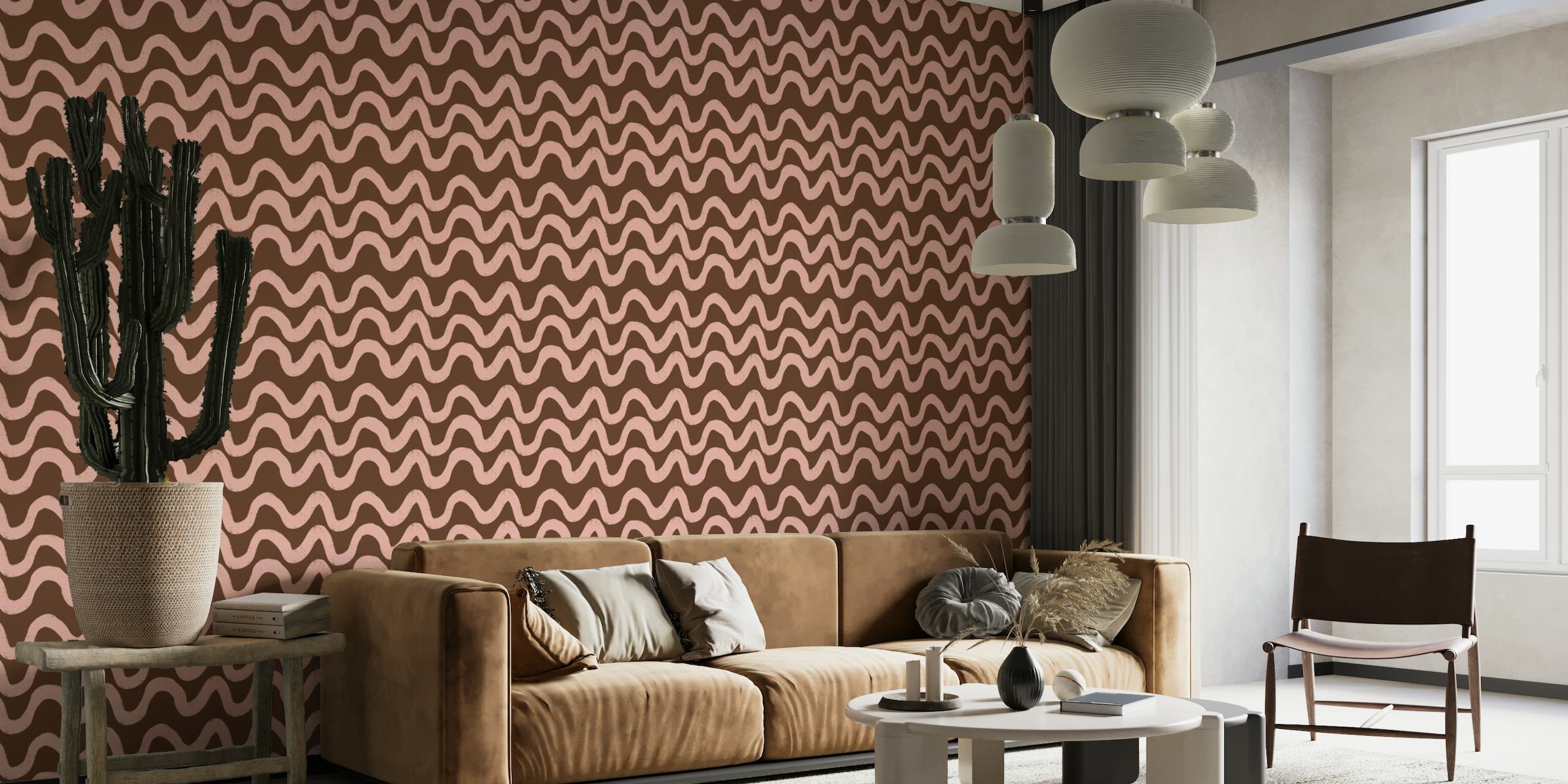 Boho Mid Mod Wiggly Lines Brown wallpaper