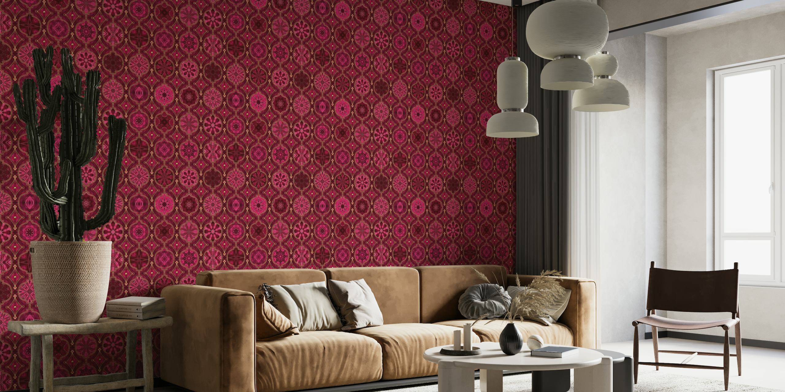 Treasures of Morocco Oriental Tile Design Burgundy Pink Gold papel de parede