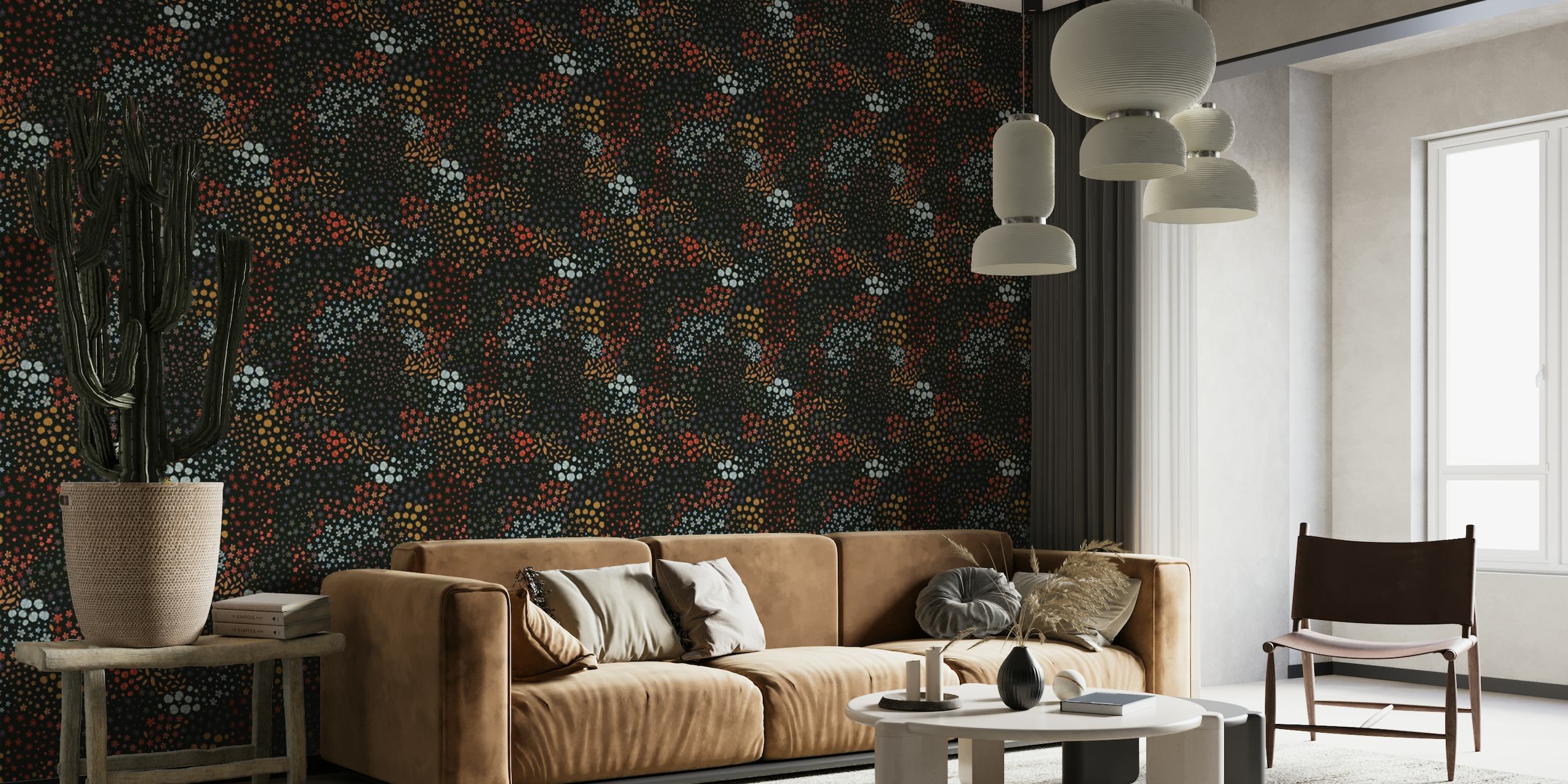 Tiny plum flowers in spring-inspired colors on a black background wall mural