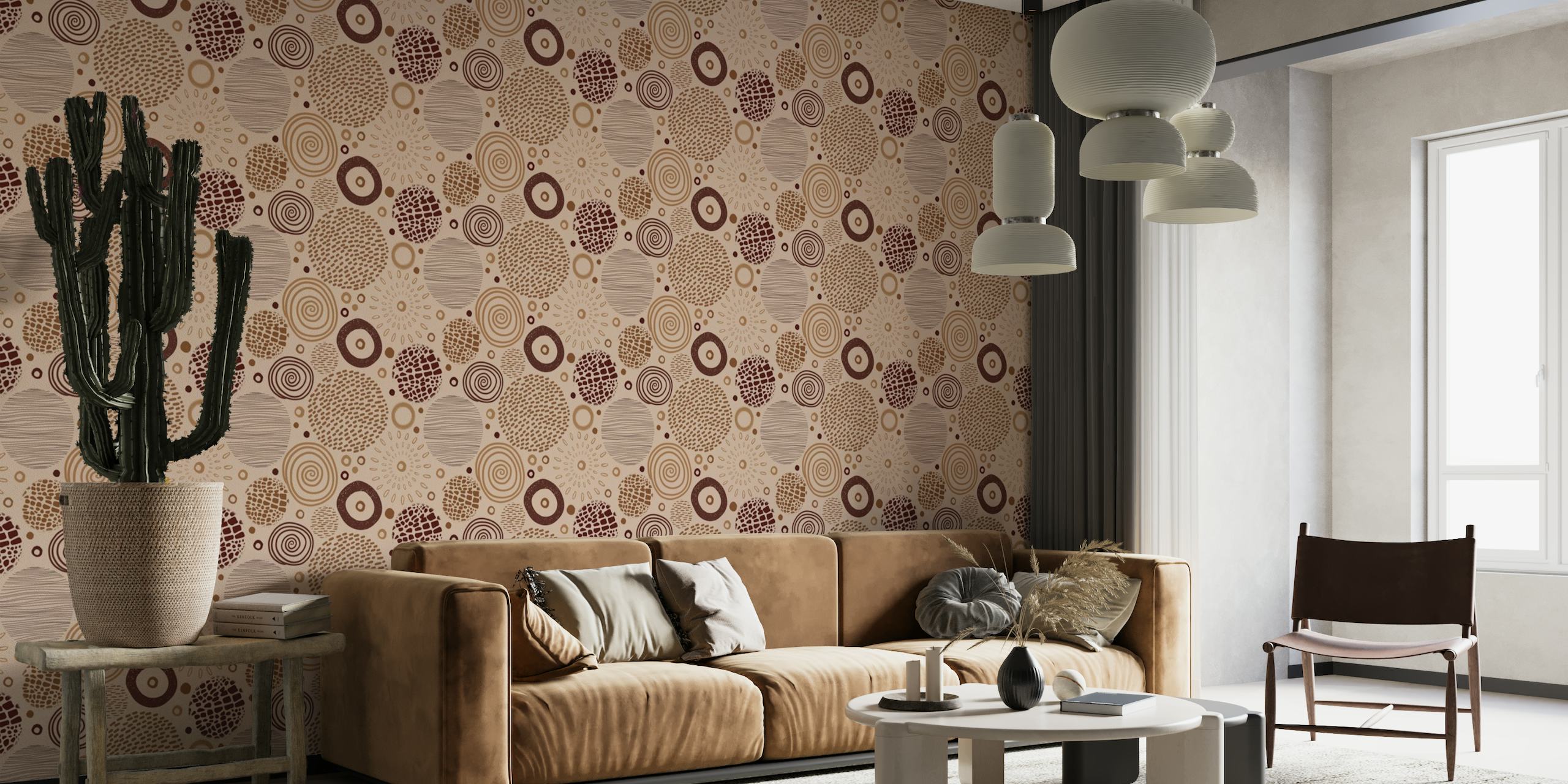 Tribal pattern wall mural with earth tone circles and dots