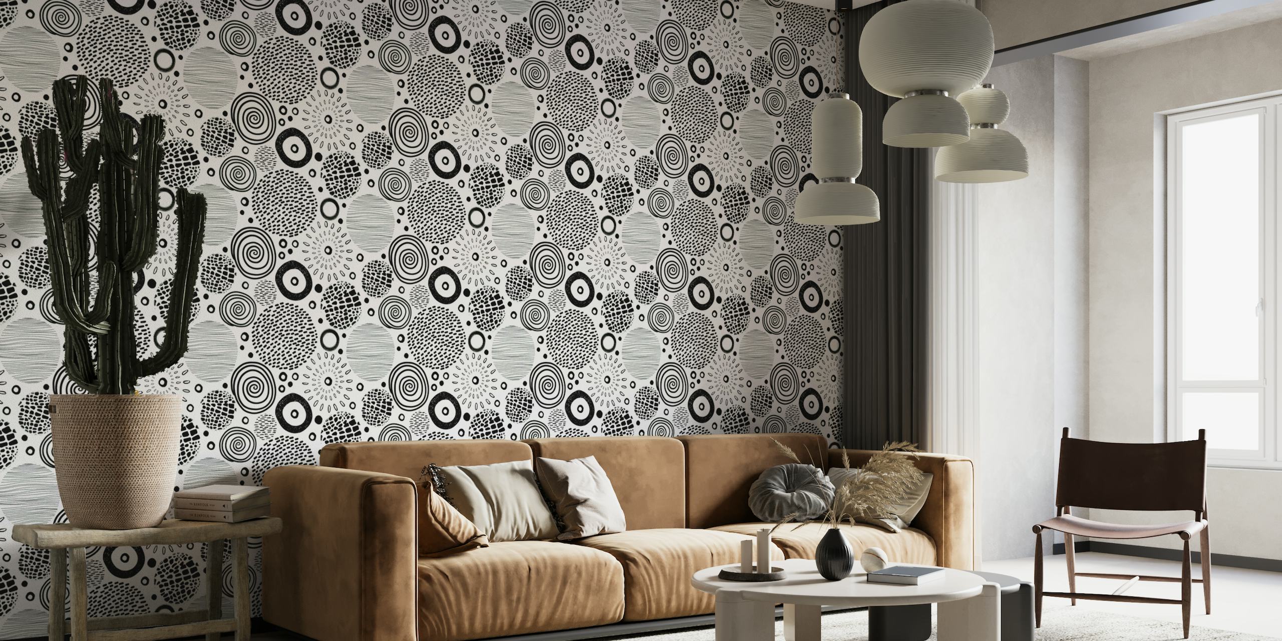 Circle Marks Tribal Pattern Black On White wallpaper