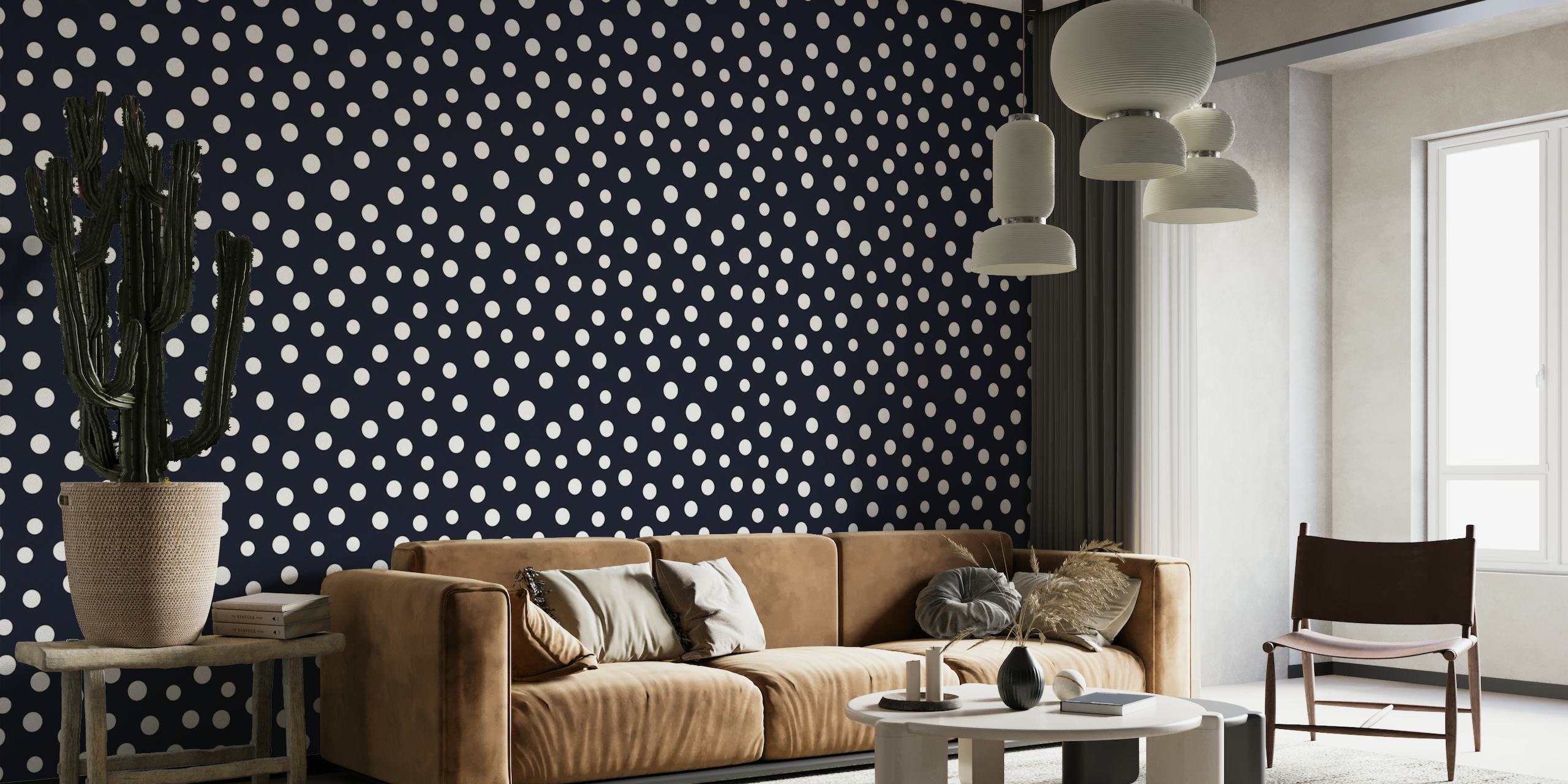 Navy blue wall mural with golden and white dots pattern