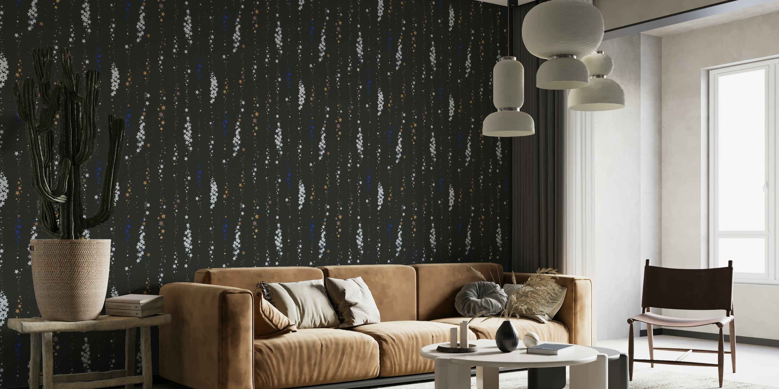 Stars gold, grey and navy shining pattern wallpaper