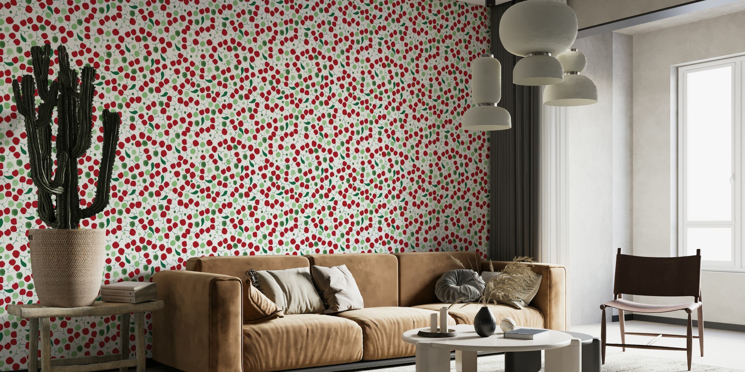 Cherries with shining dots and leaves pattern wallpaper