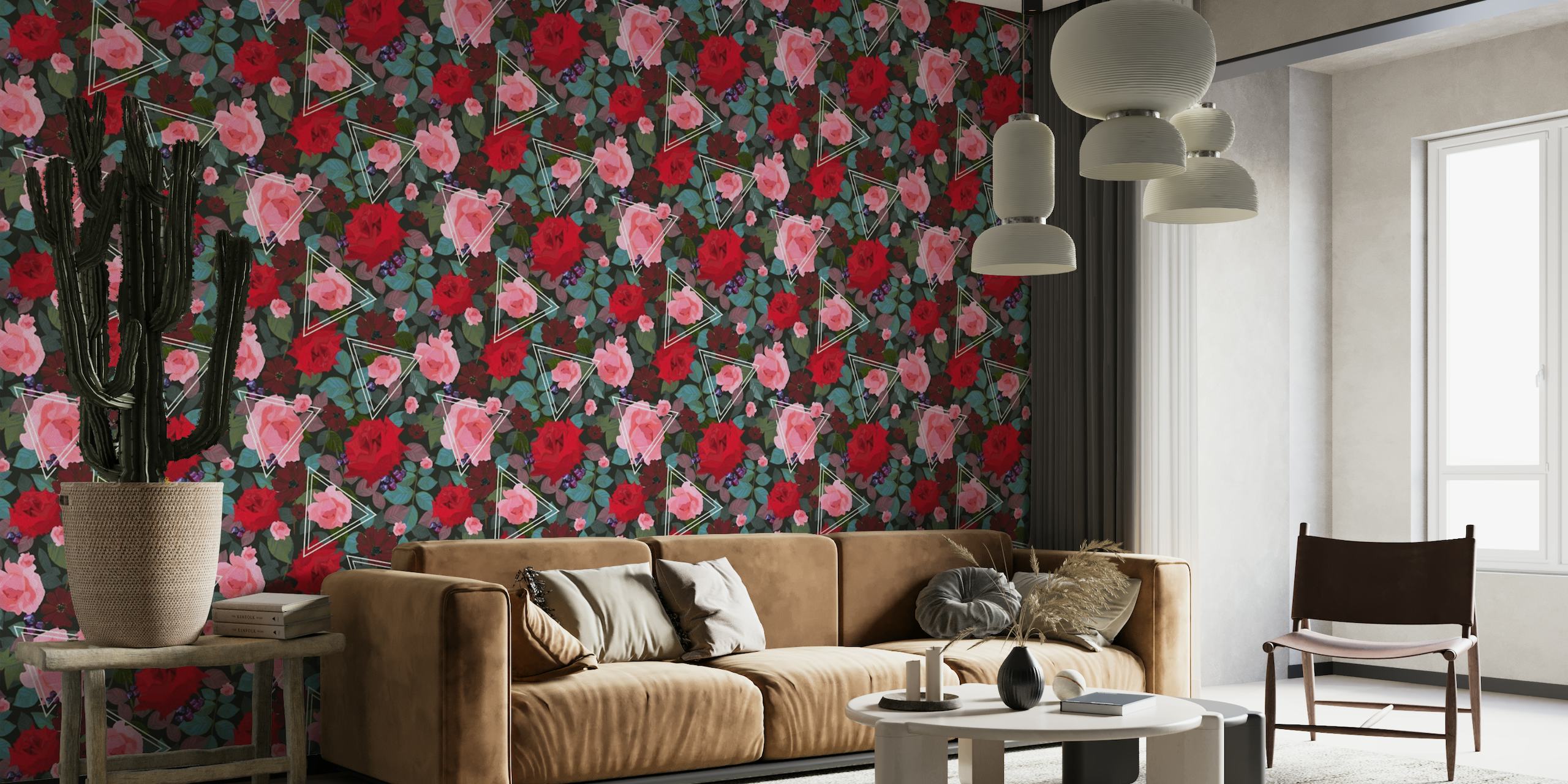 Triangles with vintage red pink roses wallpaper