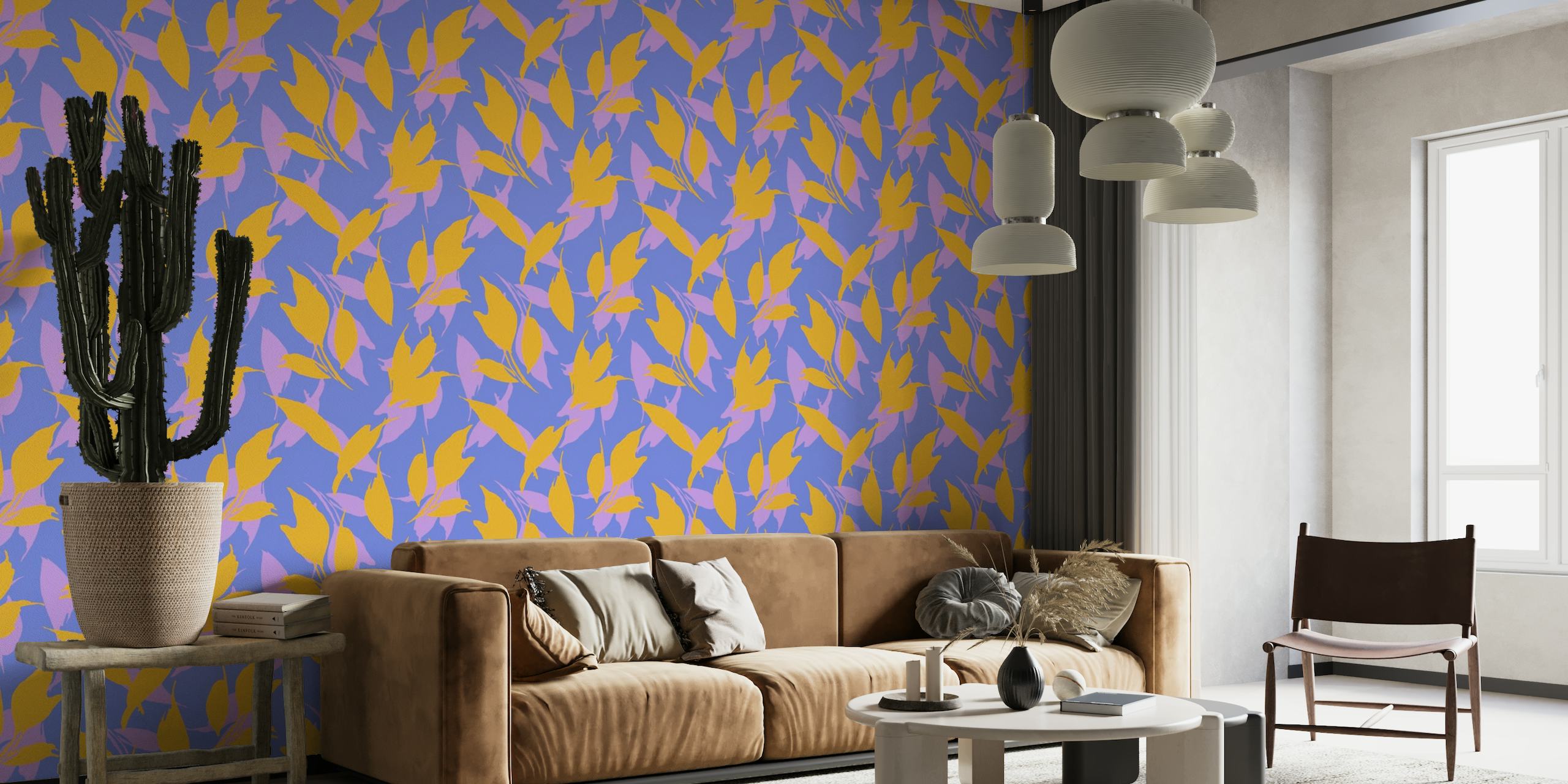 Botanical leaves wall mural in purple and yellow